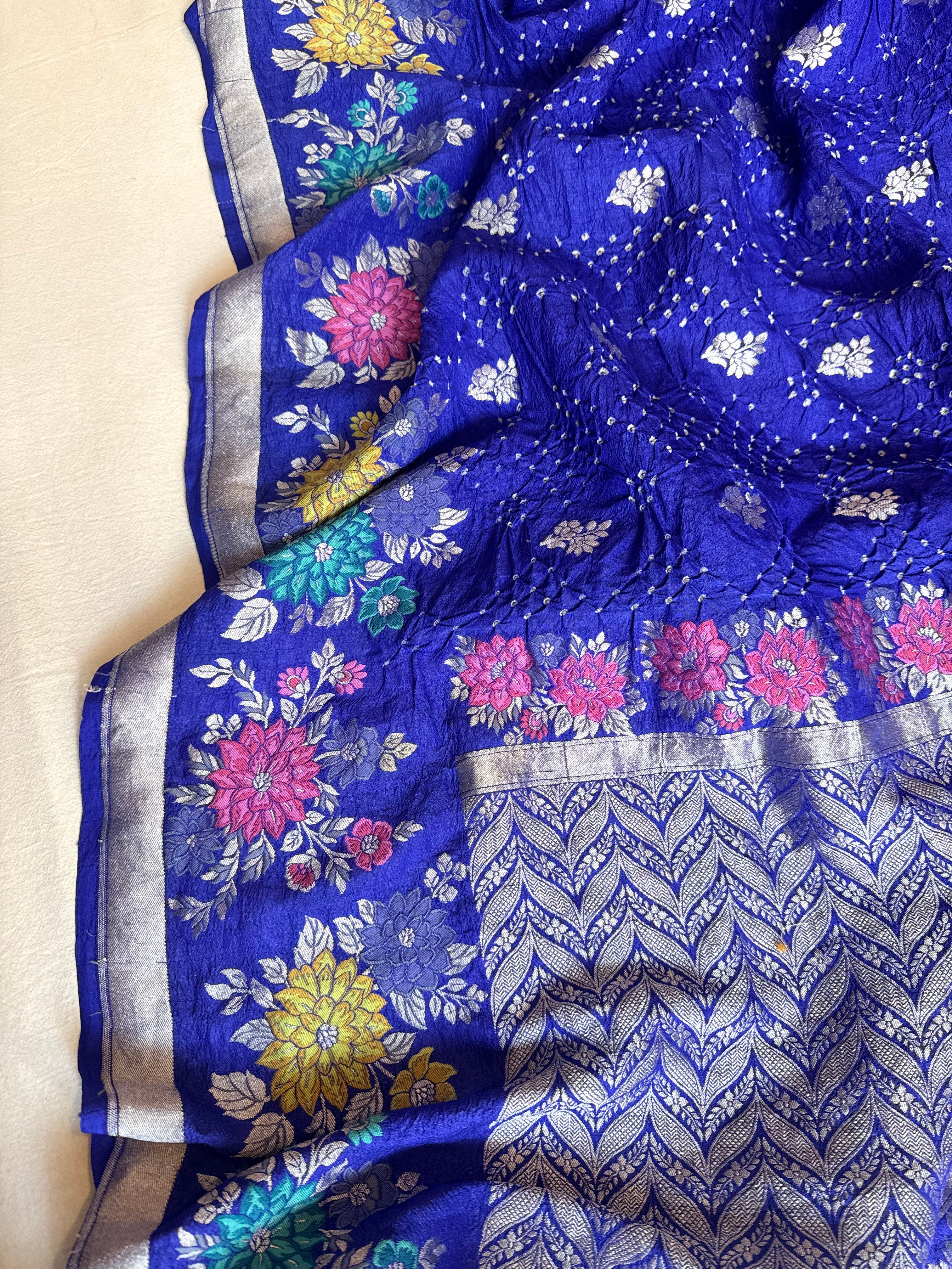 Banarasi tussar silk rai bandhej ink blue meenakari kadhwa saree