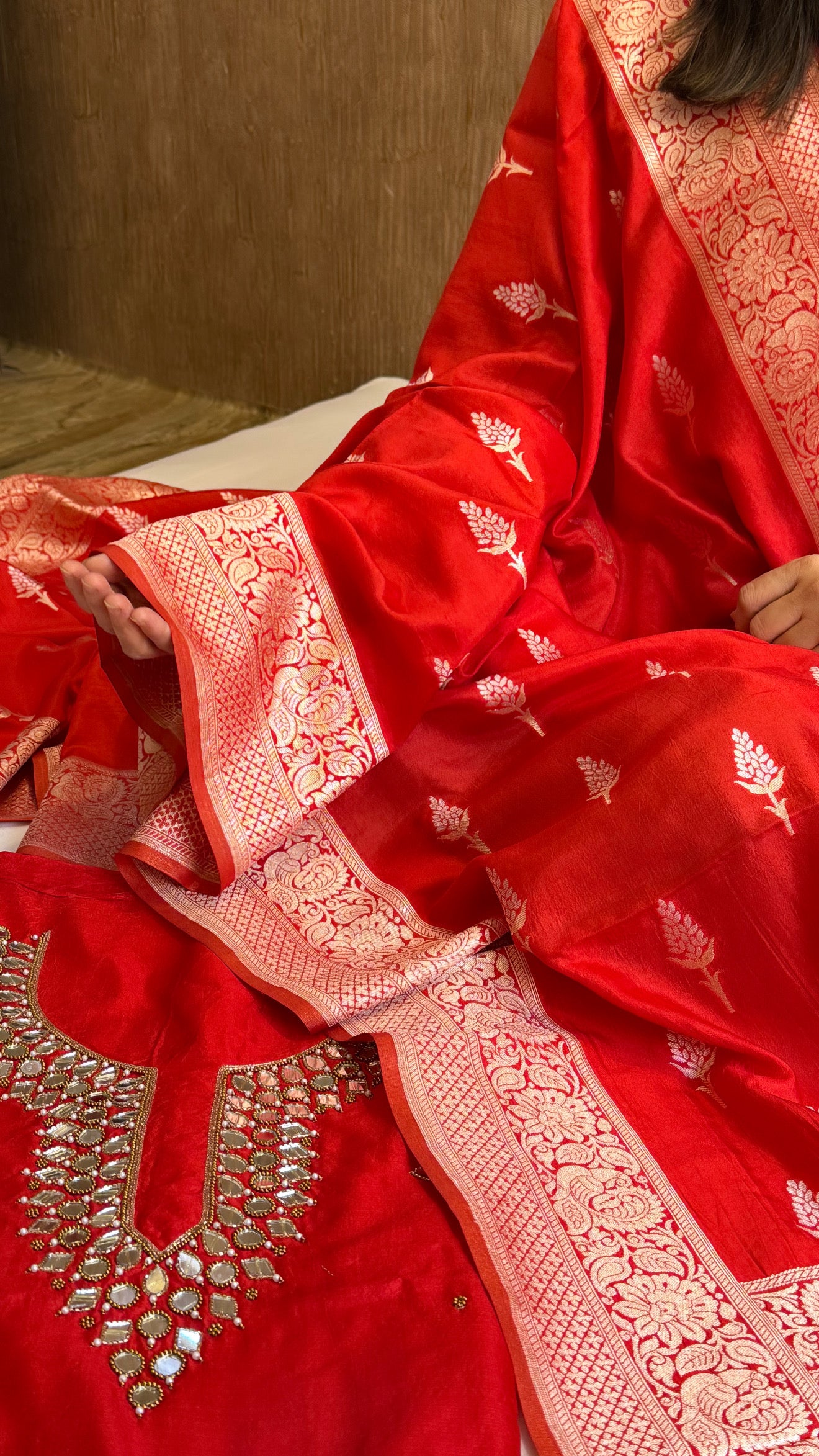 Sheesham blood red mirror work hand embroidered katan silk suit set