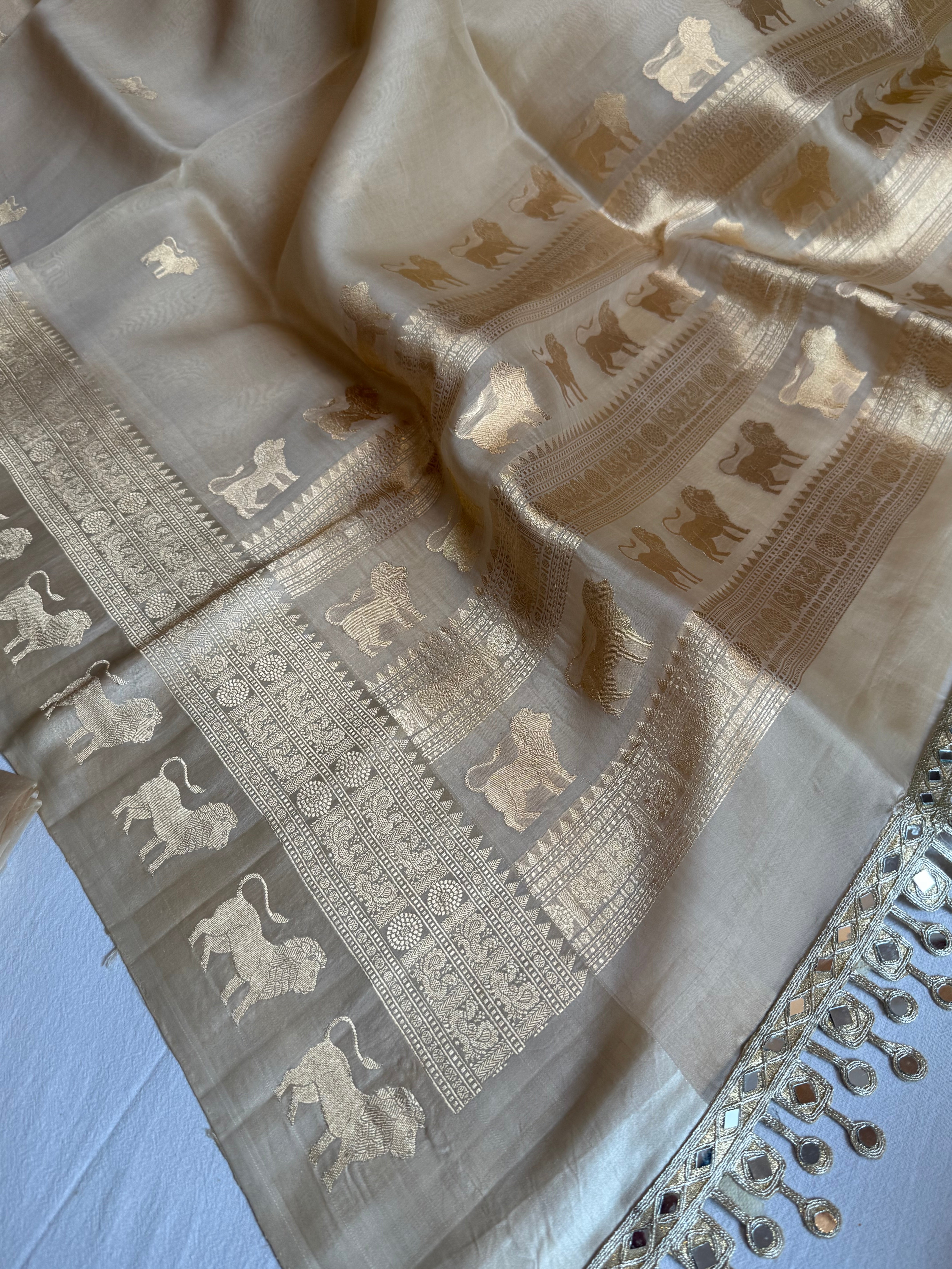 Champagne gold kora silk hand embroidered kadhwa saree