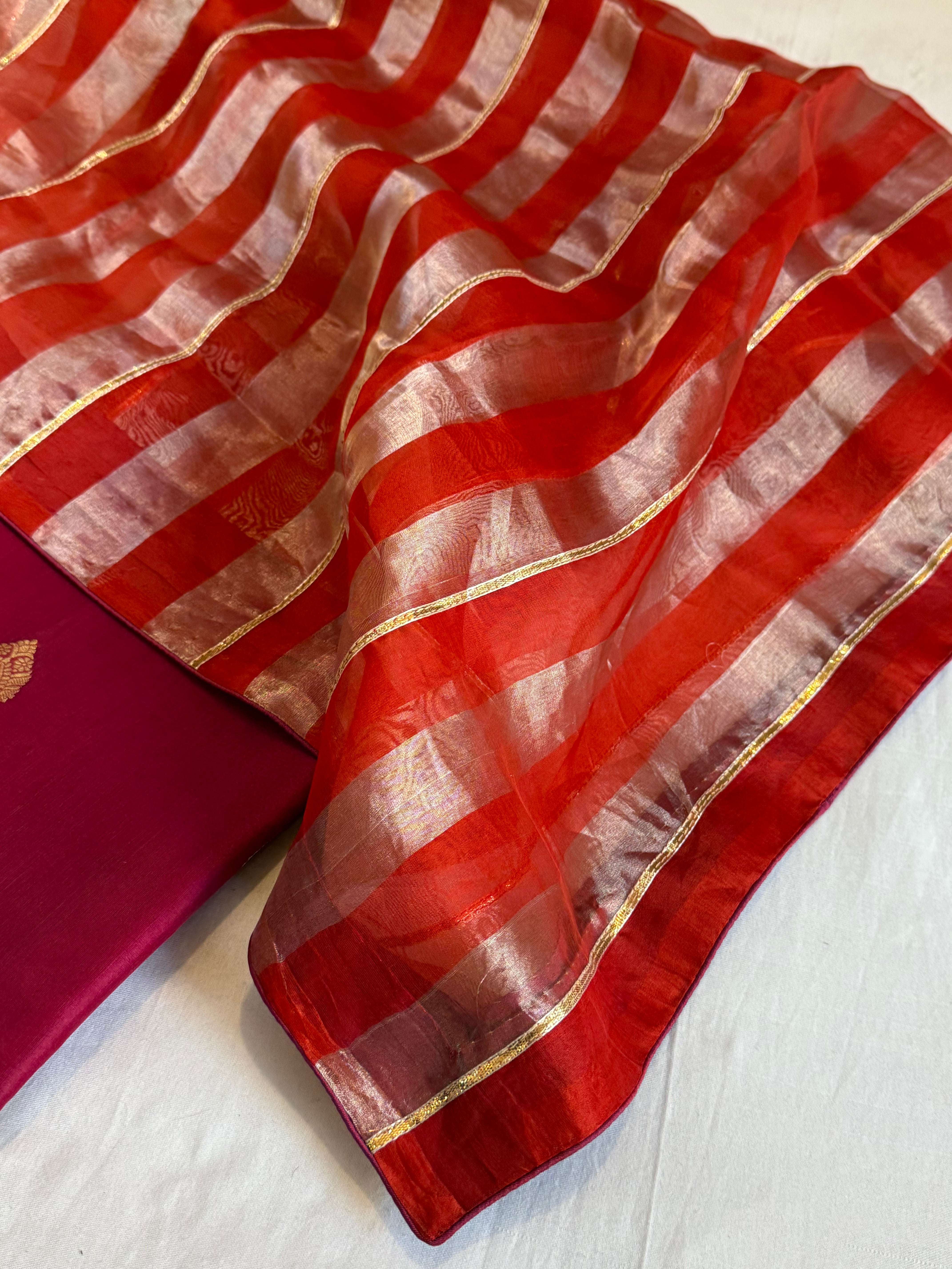 Banarasi kora silk striped kadhwa suit set