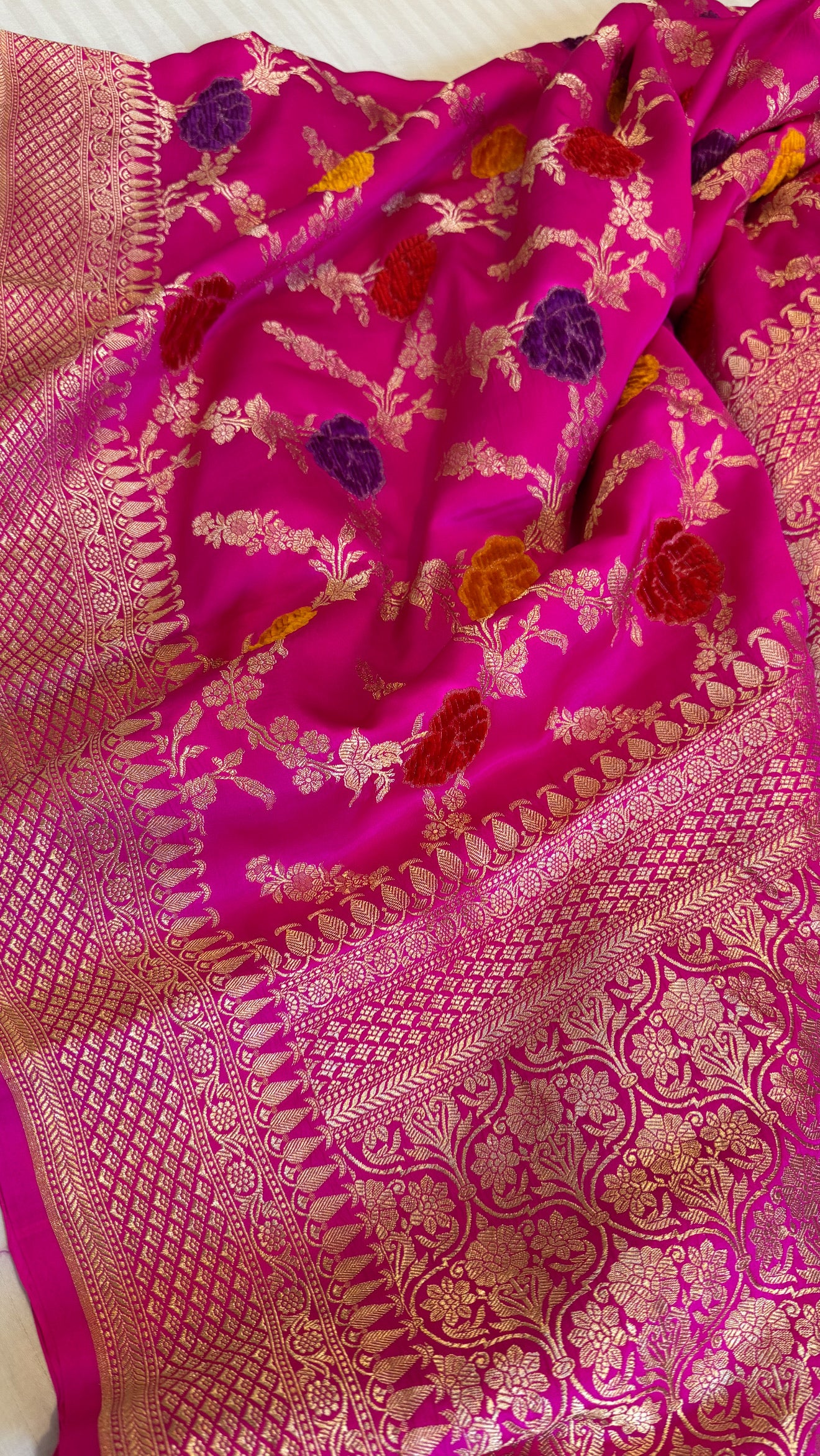 Hot pink banarasi mashru silk velvet buti kadhwa weaving saree