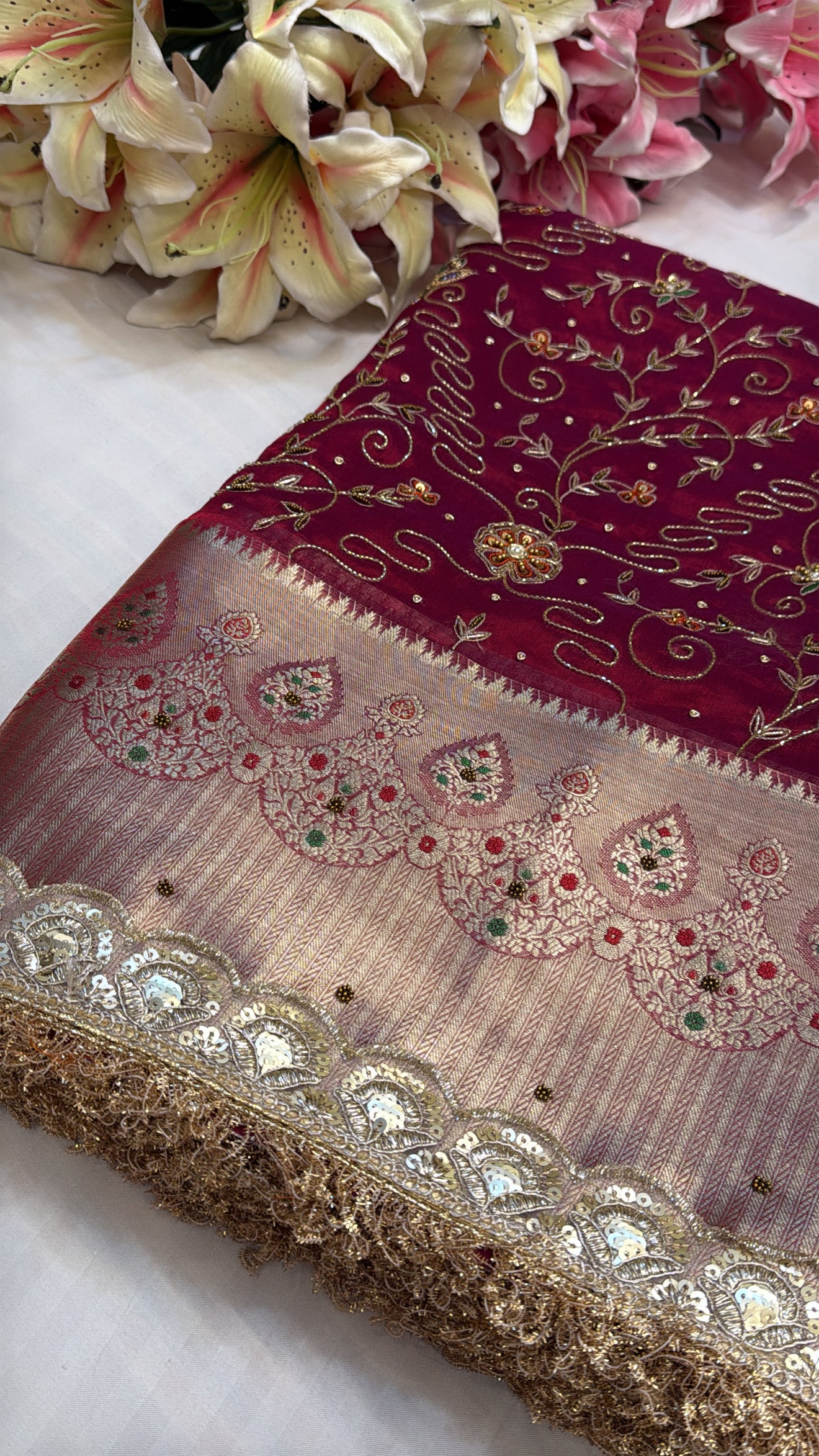 Metallic blood red tissue silk hand embroidered kadhwa weaving saree