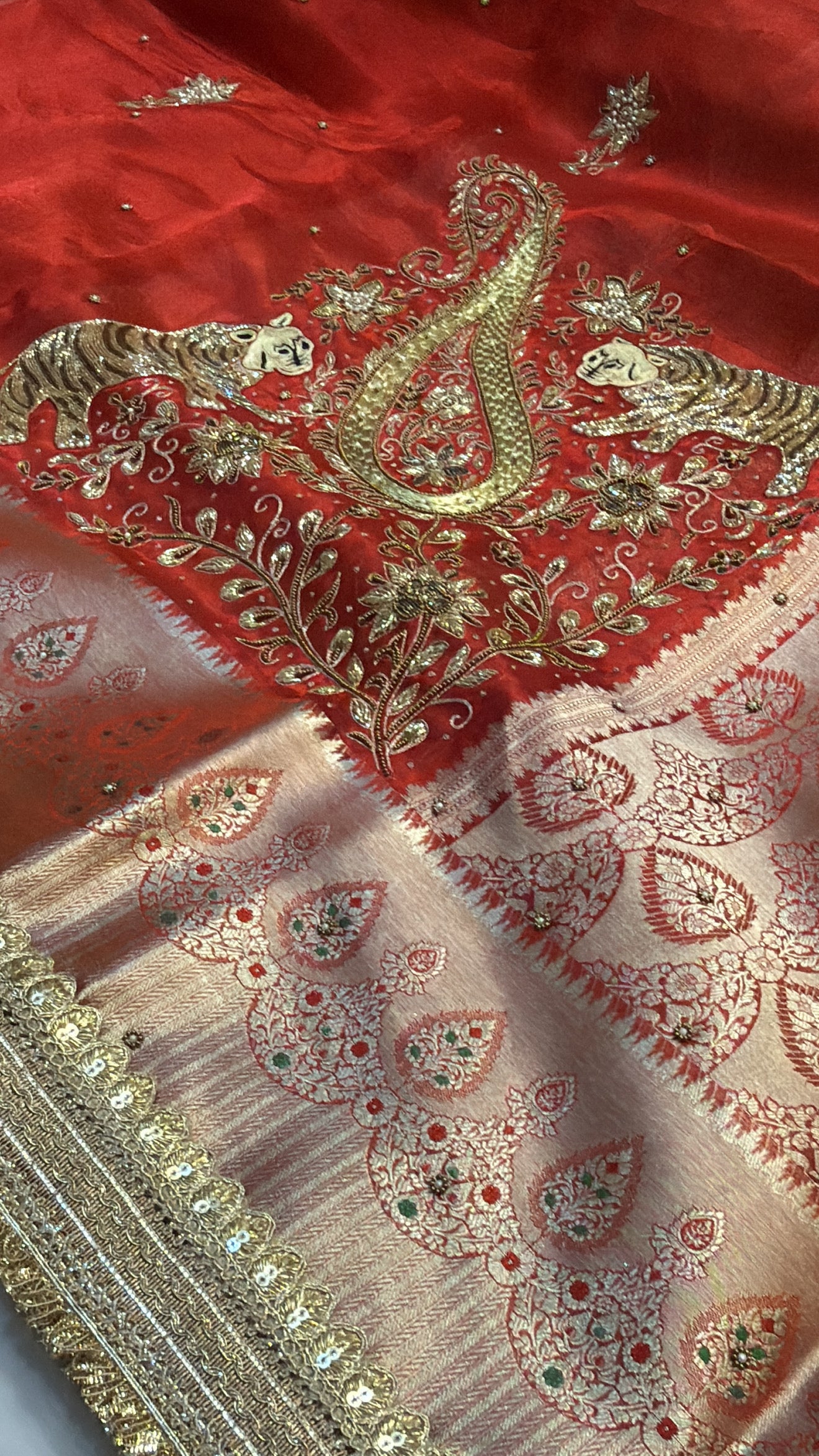Dulhan ka joda husn red tissue silk hand embroidered saree