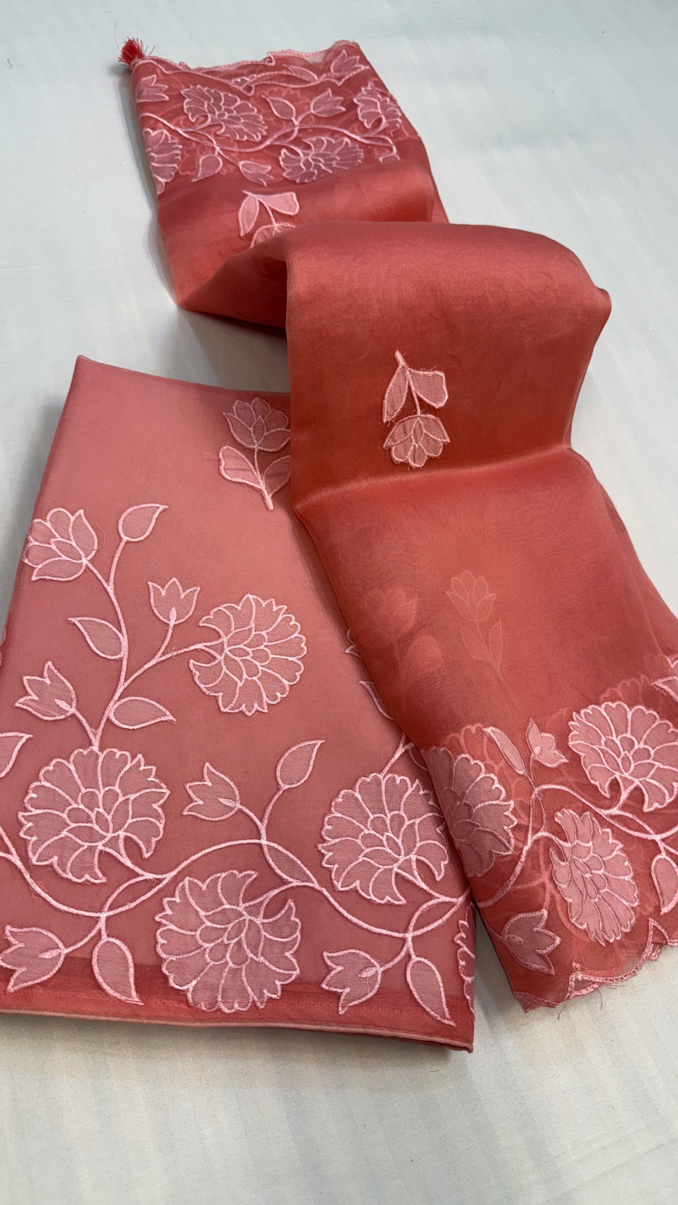 Kora silk appliqué work hand embroidered kadhwa suit set