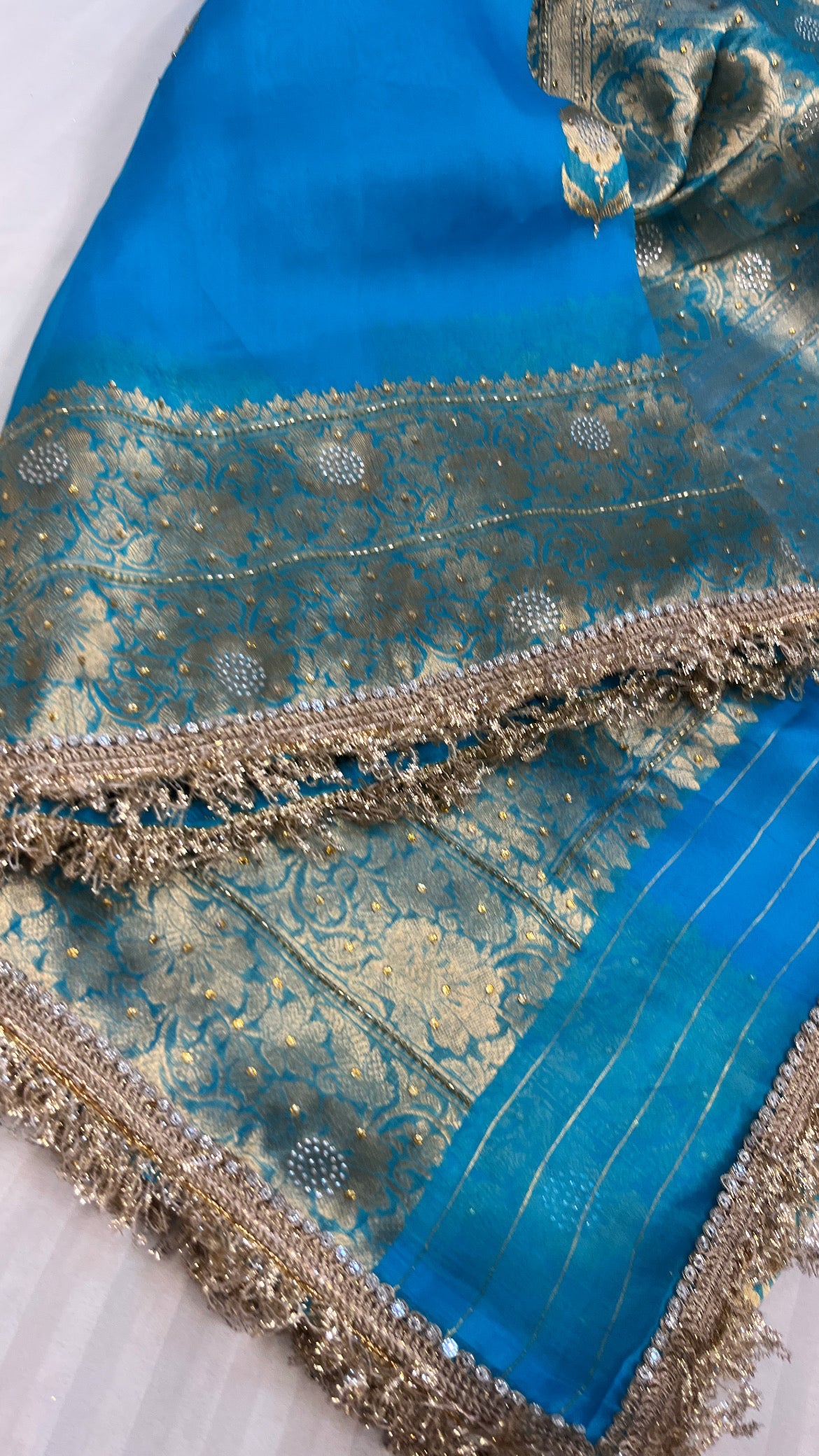 Sea blue sitara kora silk stonework saree