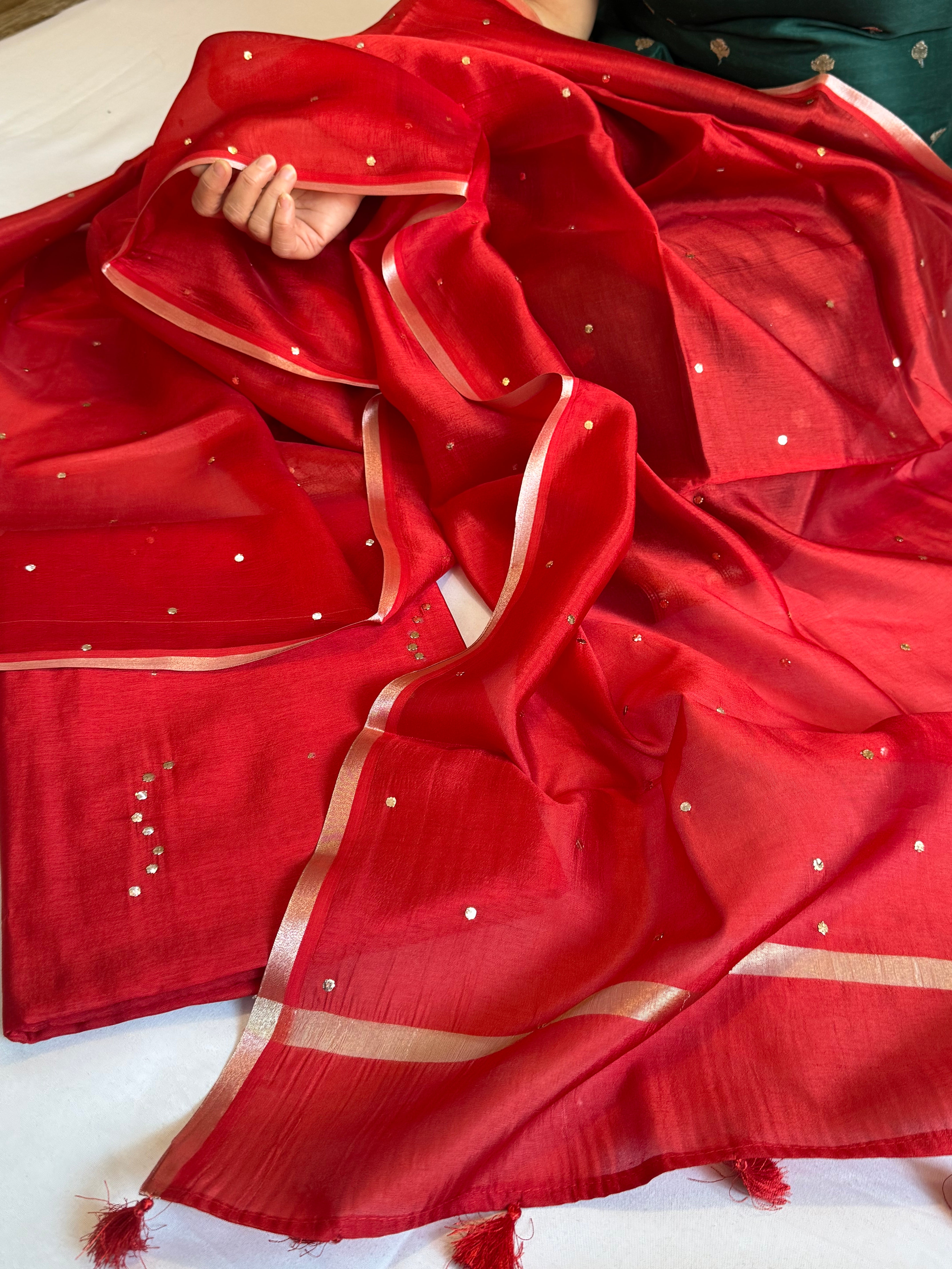 Hot red raw mango silk mukaish work hand embroidered kadhwa suit sets