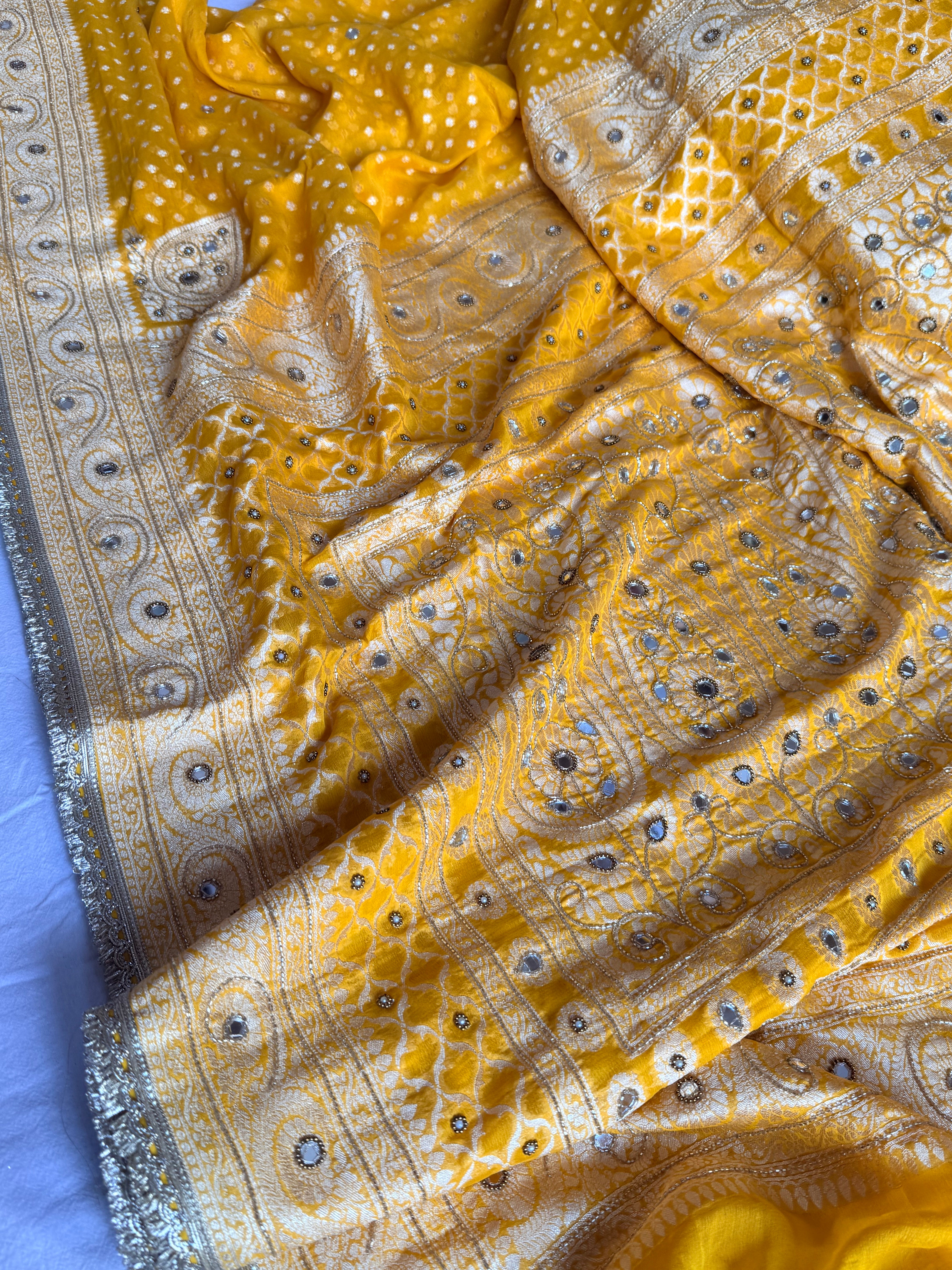 Banarasi chiffon gorgette kadhwa weaving hand embroidered saree