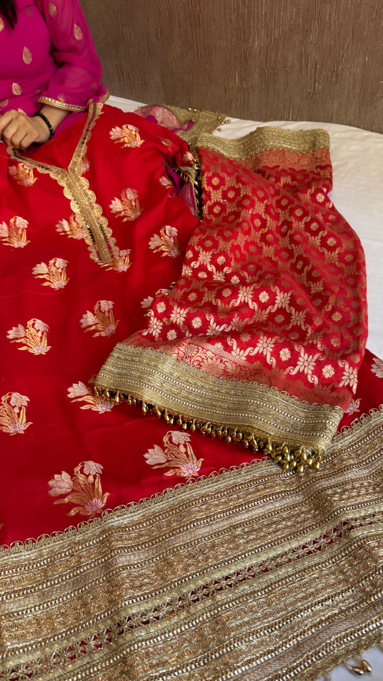 Pakistani drama inspired blood red banarasi gorgette semi-stitched kadhwa gotapatti suit set