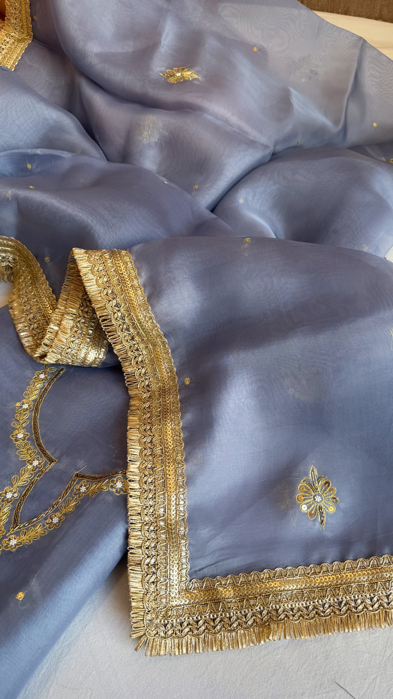 Aari and tilli hand embroidered kora silk marine blue kadhwa suit set