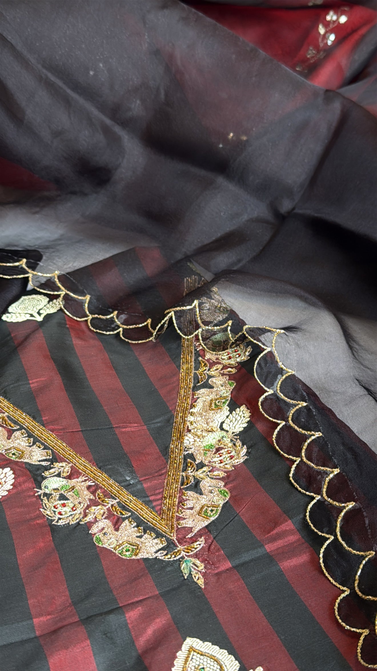 Black-red dhup chao effect katan silk striped kurta paired with Kora silk duppata set