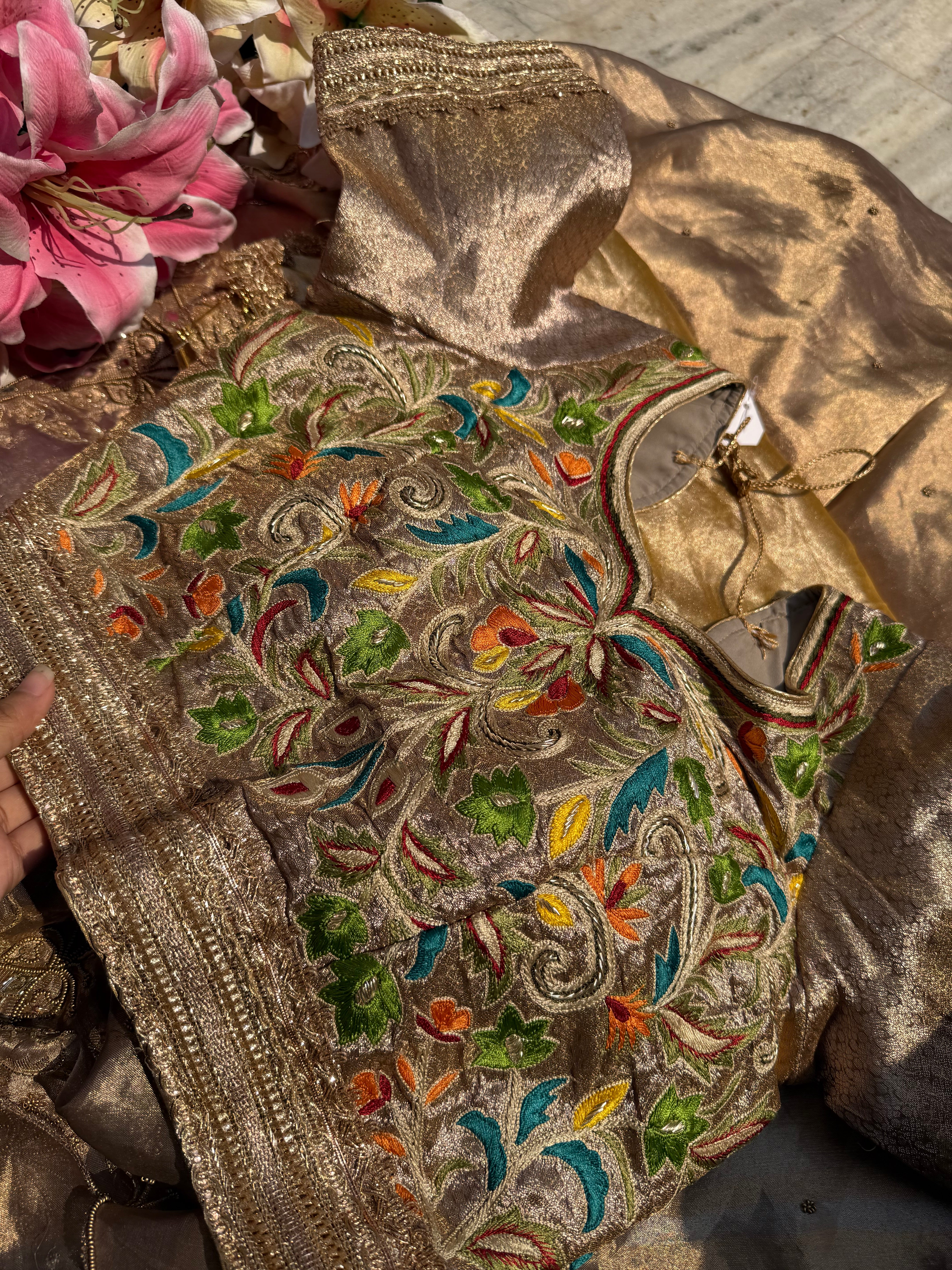 Parsi gara hand embroidered tissue free size blouse piece