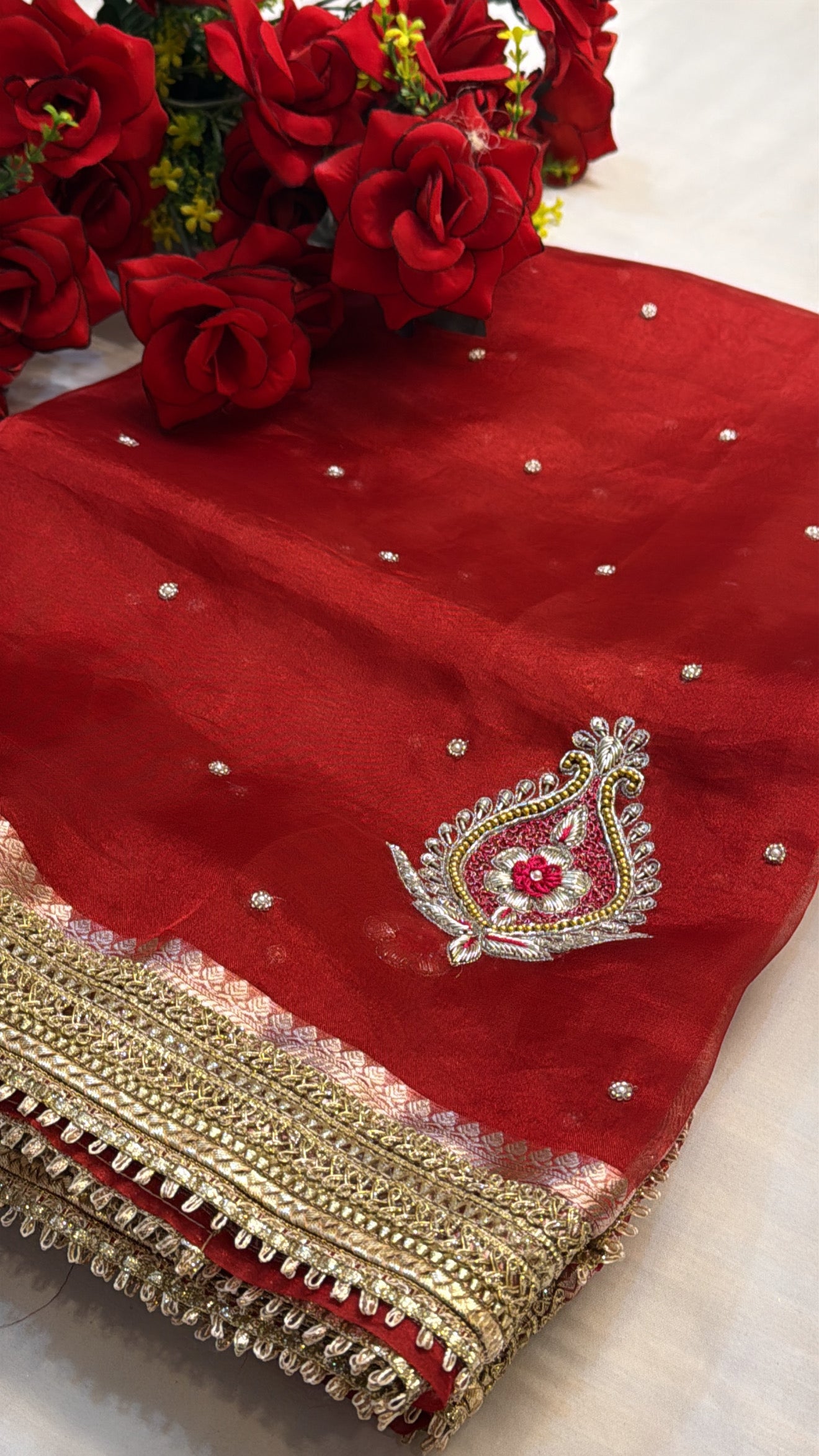 Dulhan ka joda husn red tissue silk hand embroidered kadhwa saree