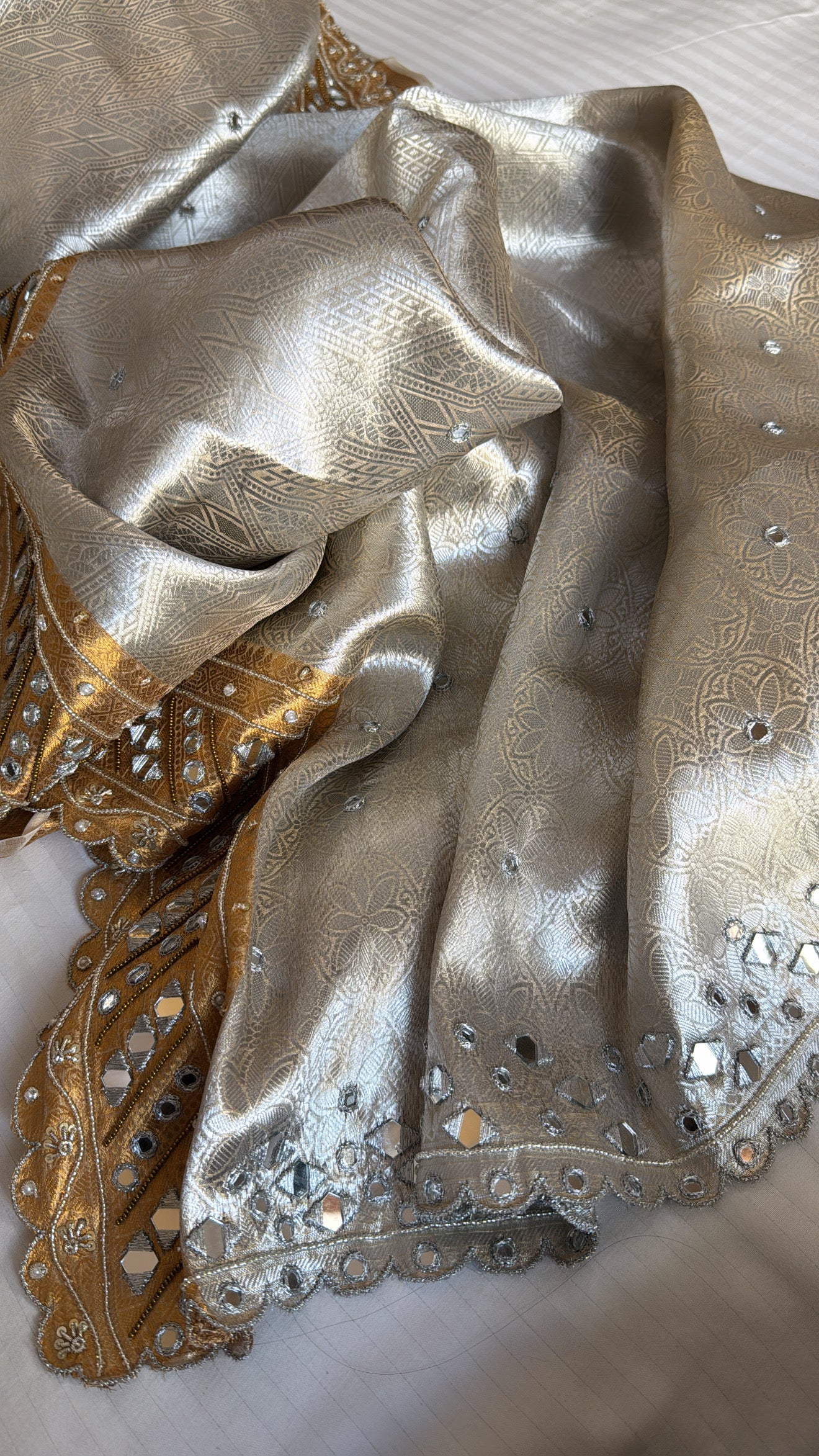 Kanjivaram inspired banarasi sona rupa weaving heavy zardozi and mirror work hand embroidered tissue saree