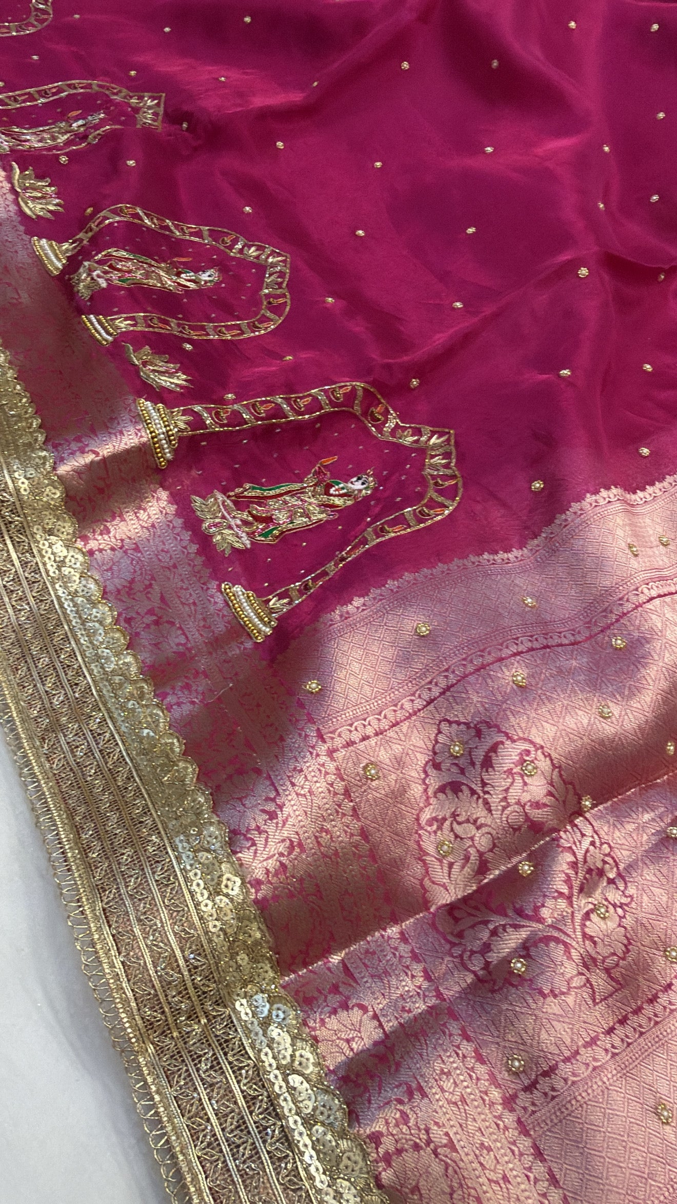 Fuchsia pink husn tissue silk hand embroidered kadhwa saree