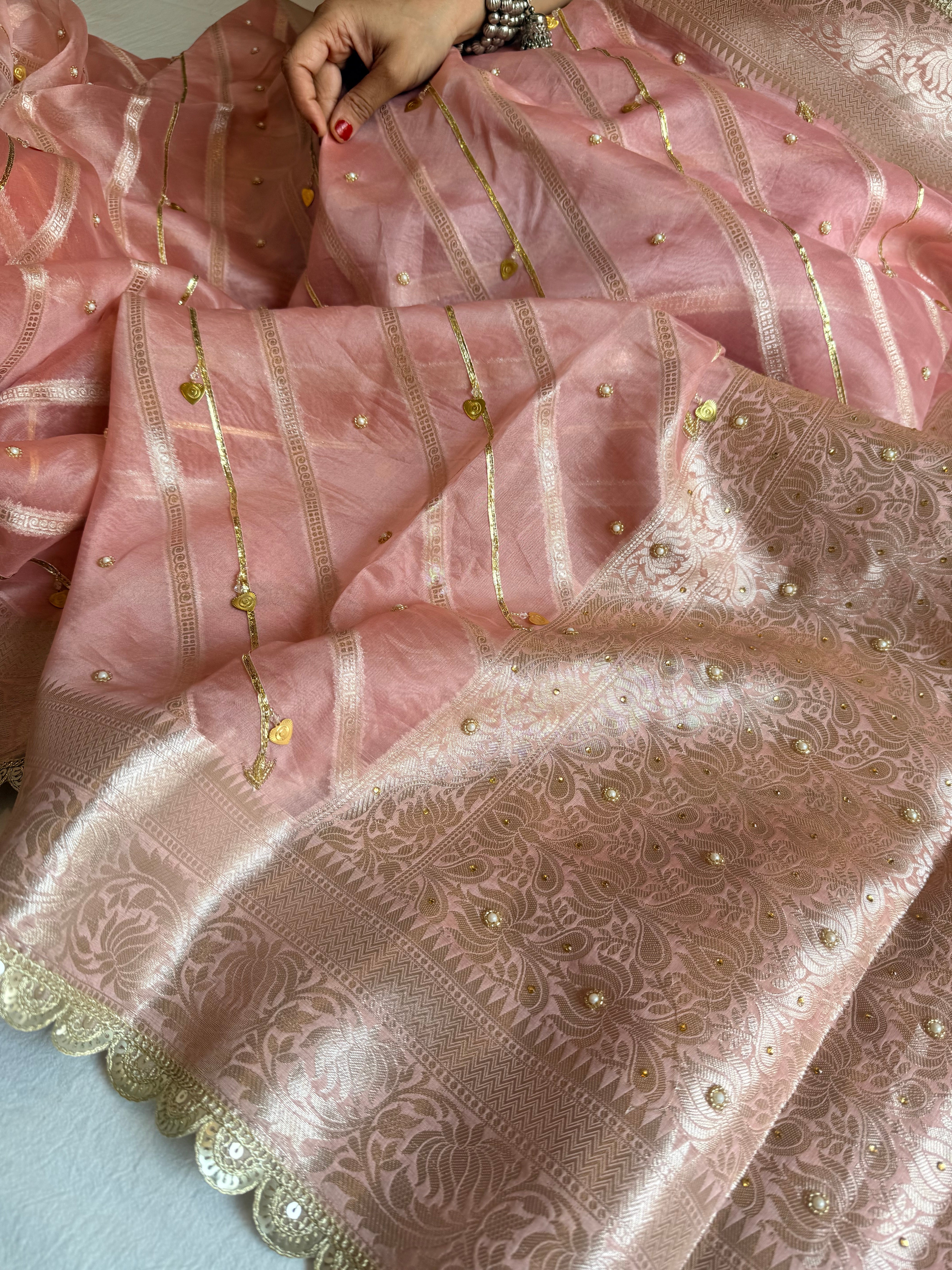 Kora silk kadhwa striped gotapatti work hand embroidered saree
