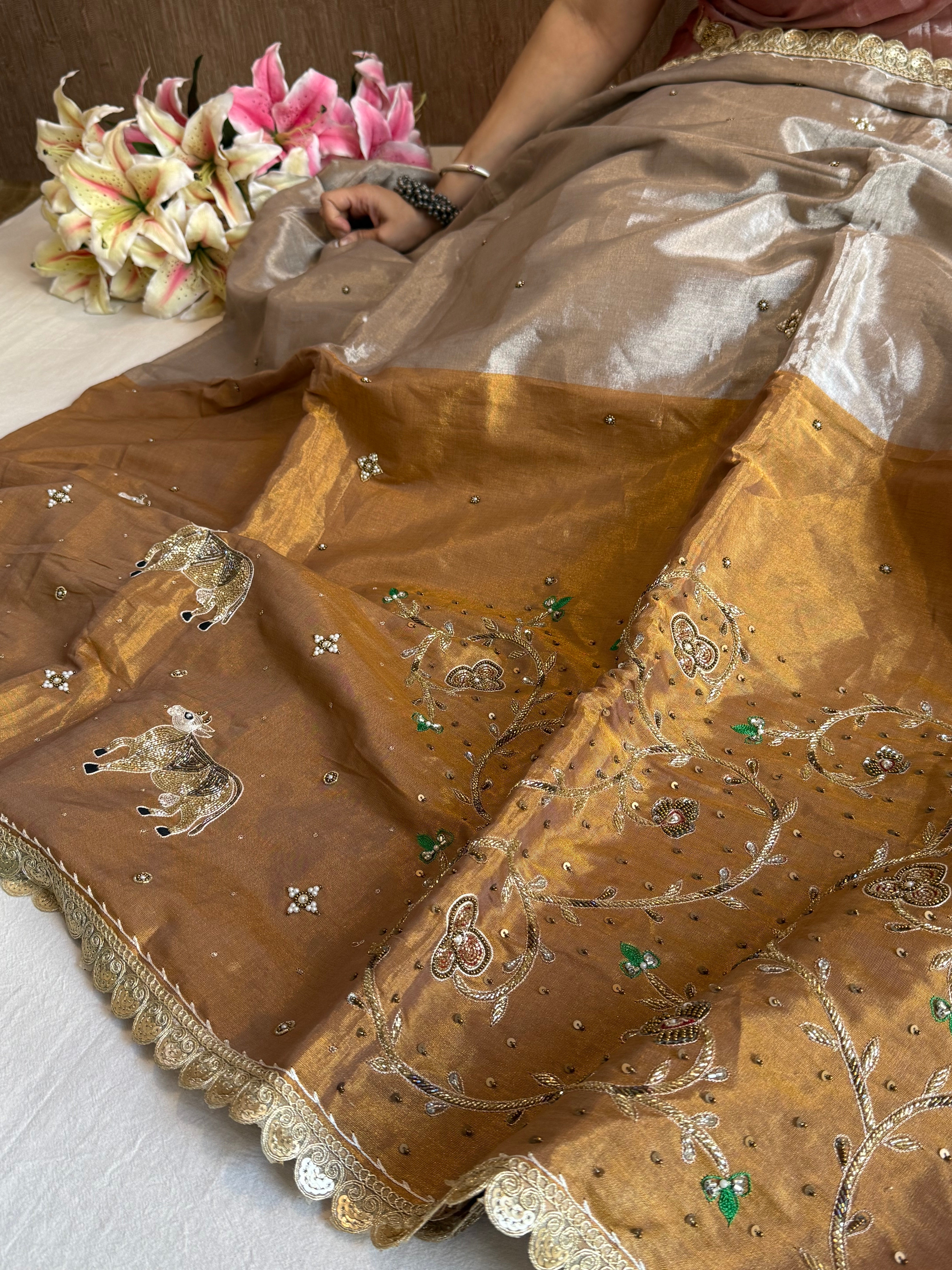 Satin tissue silk molten gold-silver hand embroidered banarasi saree