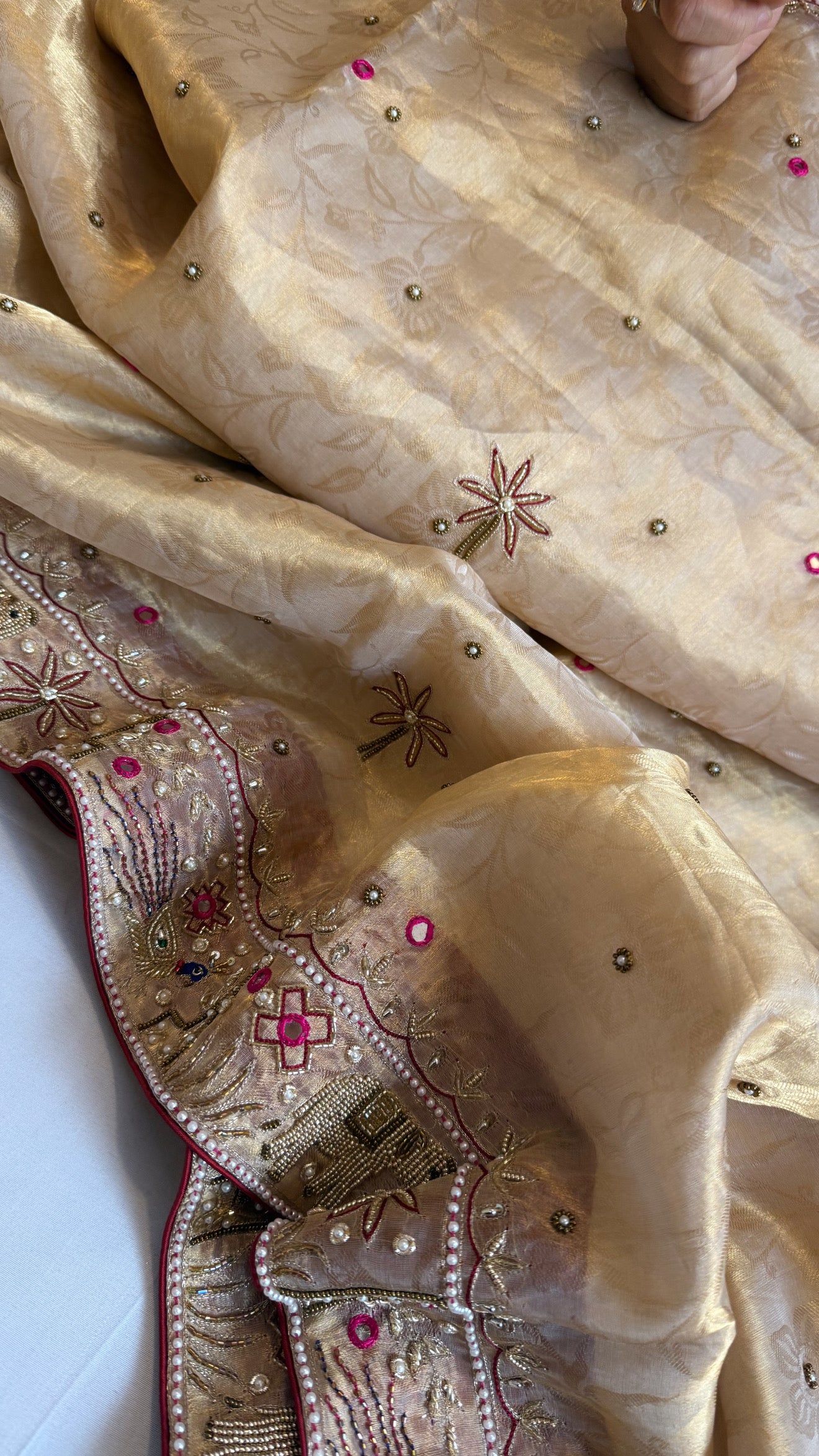 Sheeshmahal shikargah edit - Golden tissue silk hand embroidered elephant motif border kadhwa saree