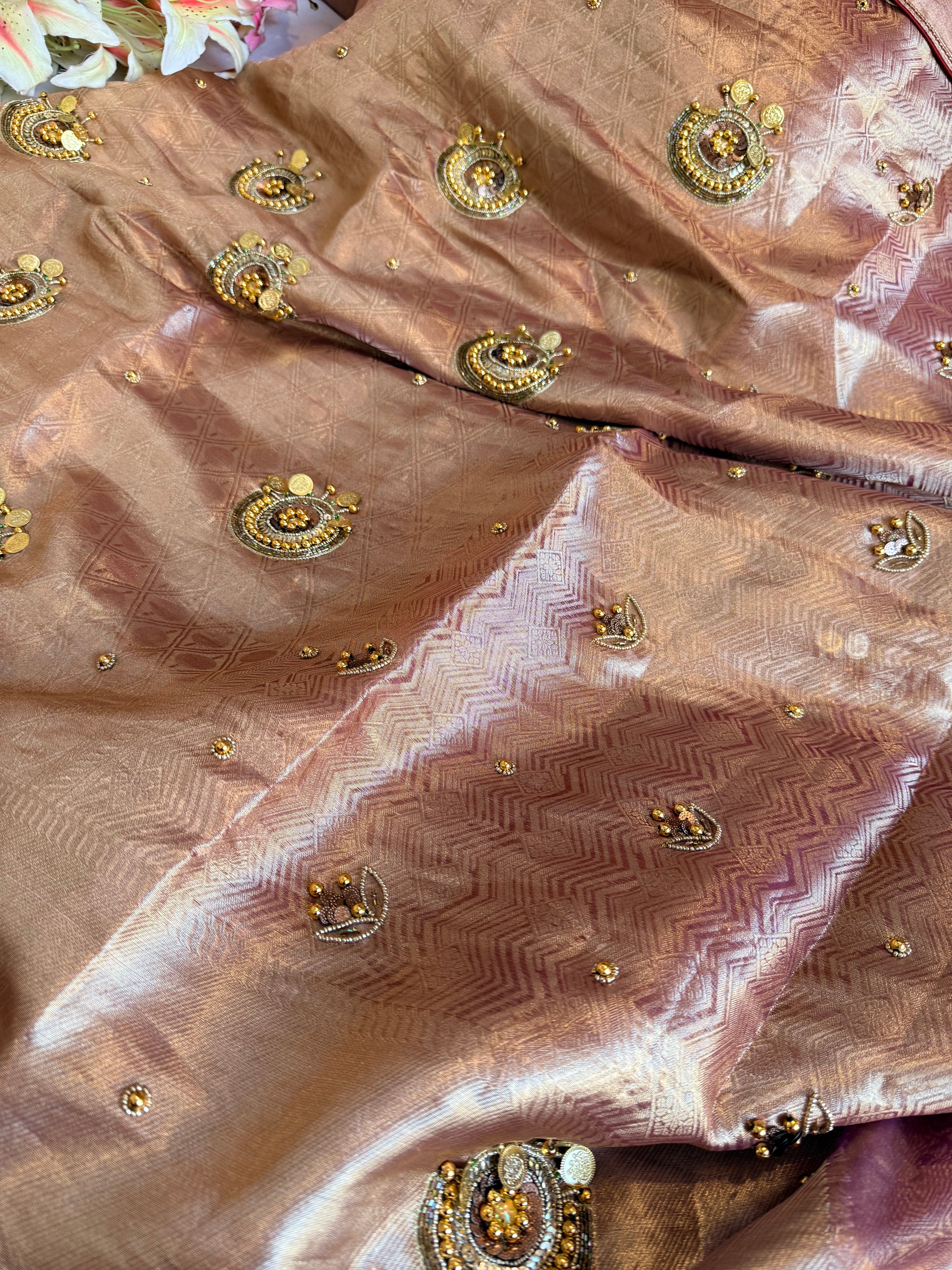Banarasi tissue brocade jadau work hand embroidered kadhwa purple saree