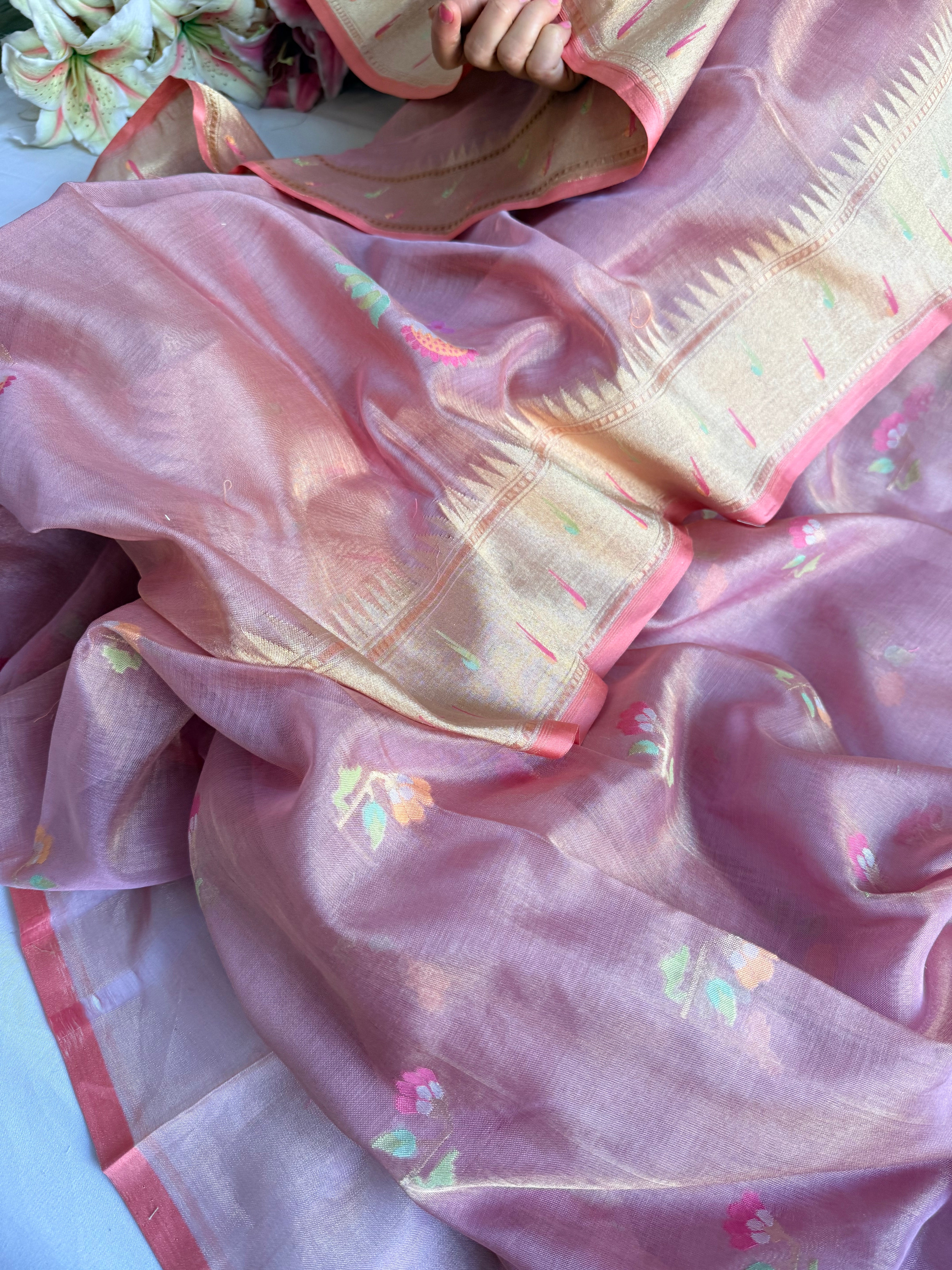 Pinkish peach green mul cotton tissue iktara jamdani paithani border suit set