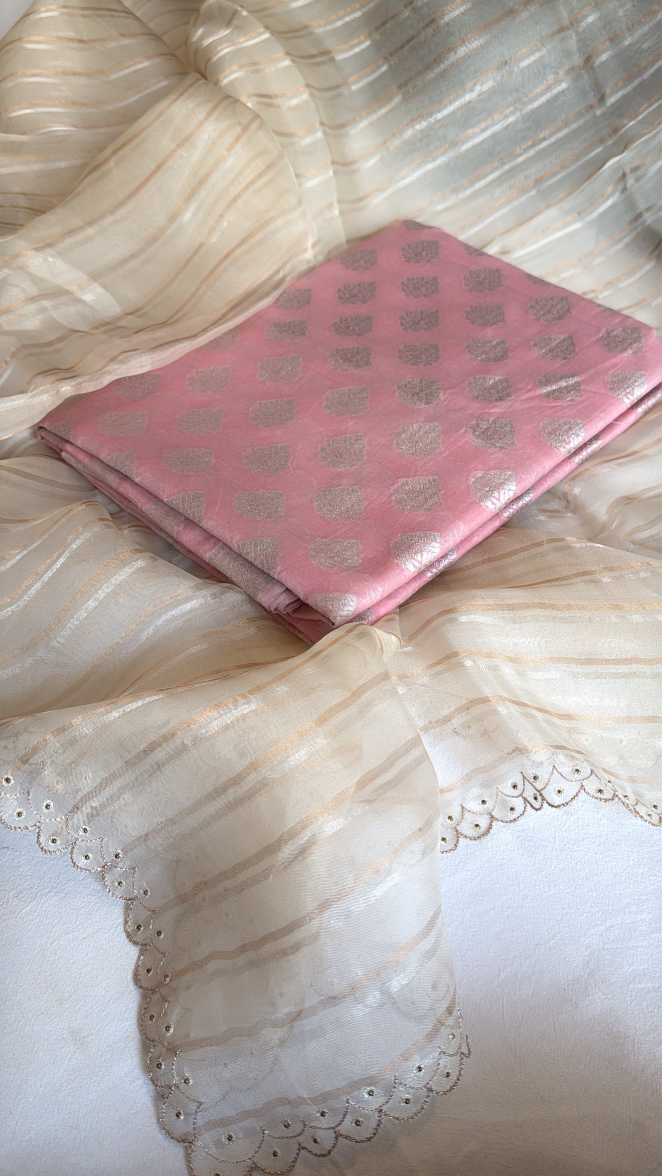 Banarasi handloom cotton kadhwa buti kurta paired with kora silk striped scalloped hand embroidered duppata set