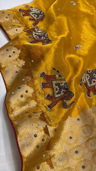 Varmala wali sarees - Haldi yellow elephant motif tissue silk heavy hand embroidered saree