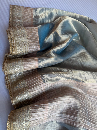Ice blue maharani pleated dhup chao effect kadhwa saree