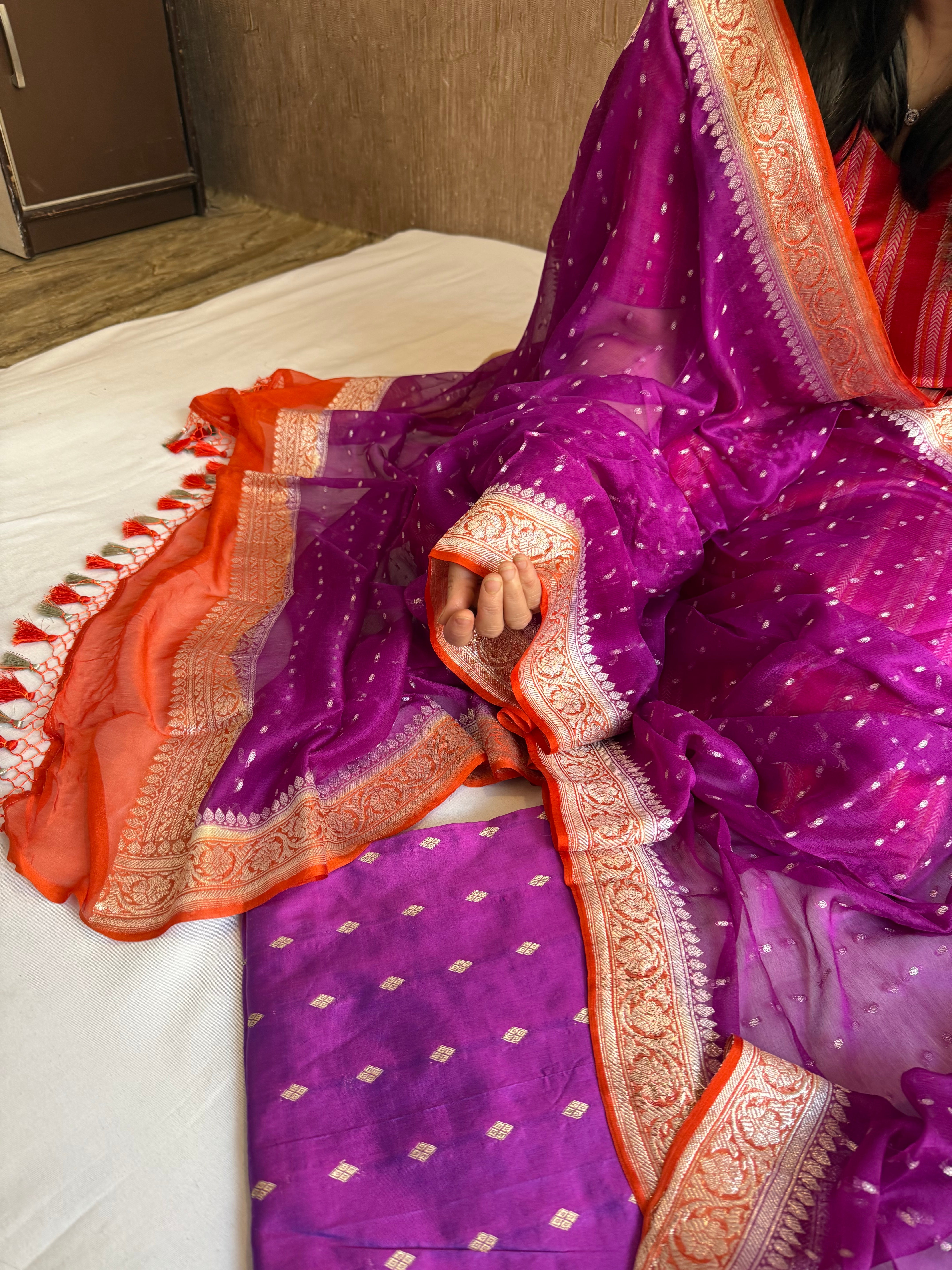 Magenta purple-fanta orange katan silk kadhwa buti kurta paired with chiffon gorgette chap dye duppata set