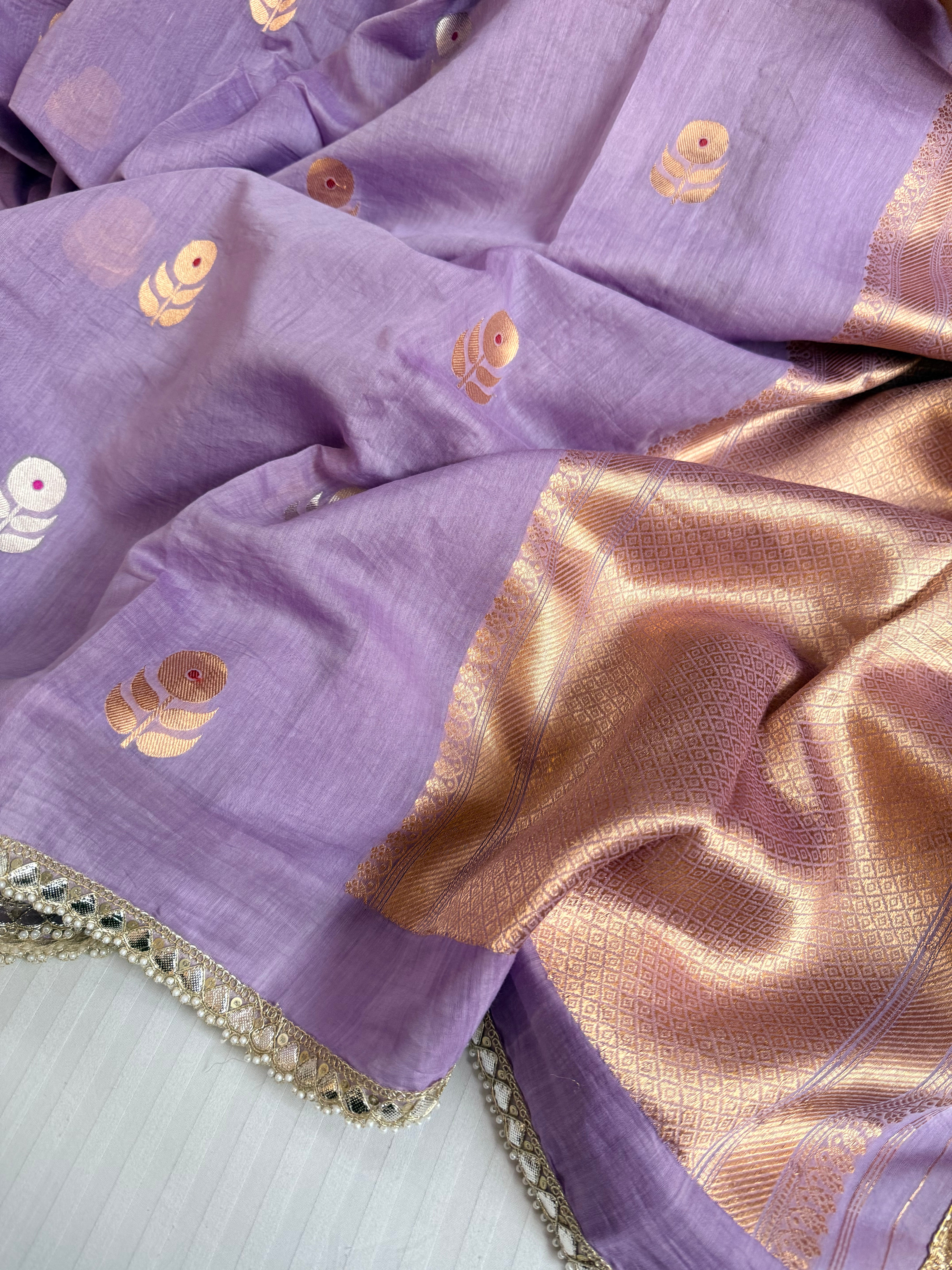 Handloom mulmul cotton silk sarees with lampi gota border