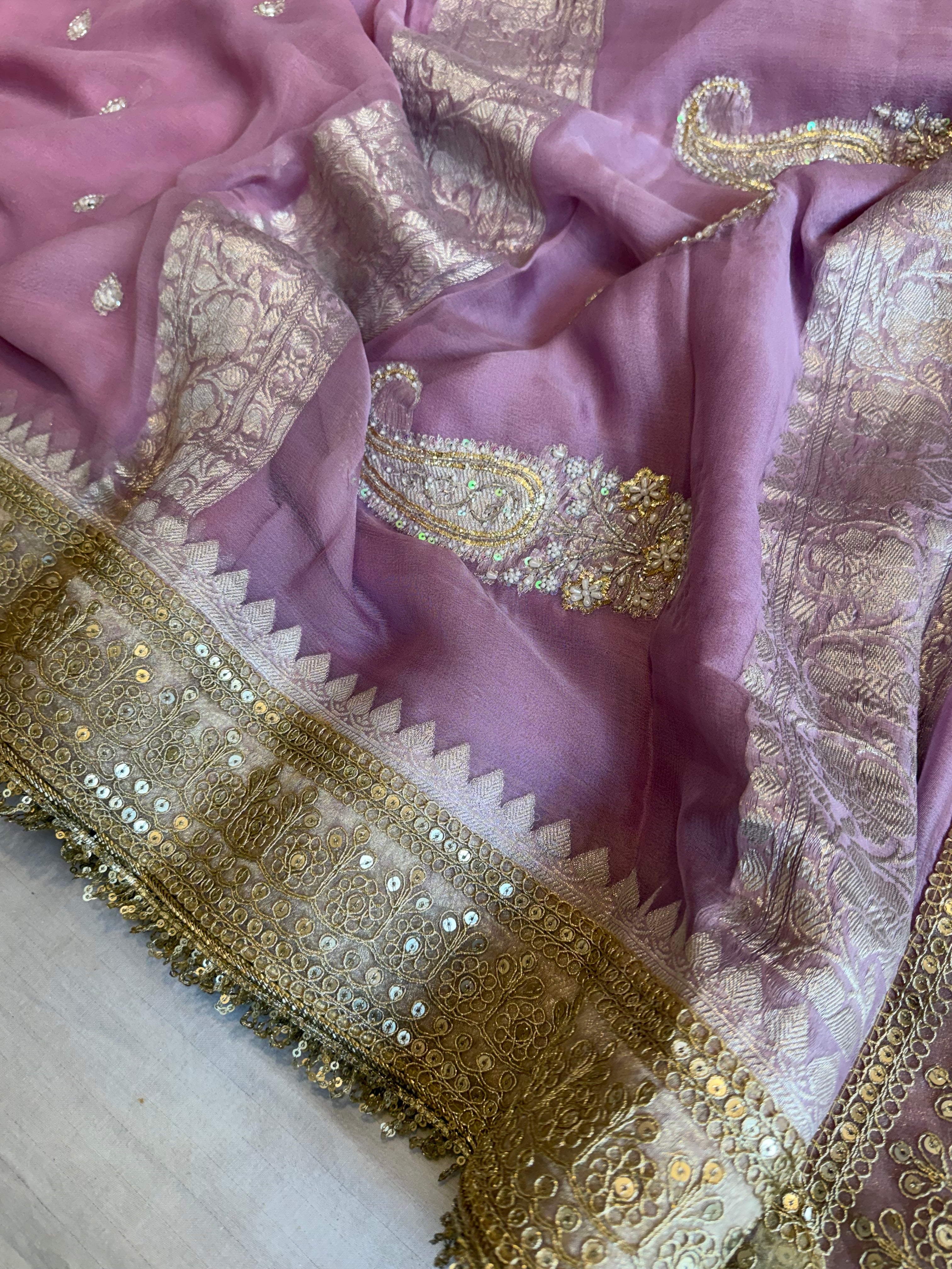 Paro banarasi chiffon gorgette hand embroidered kadhwa saree