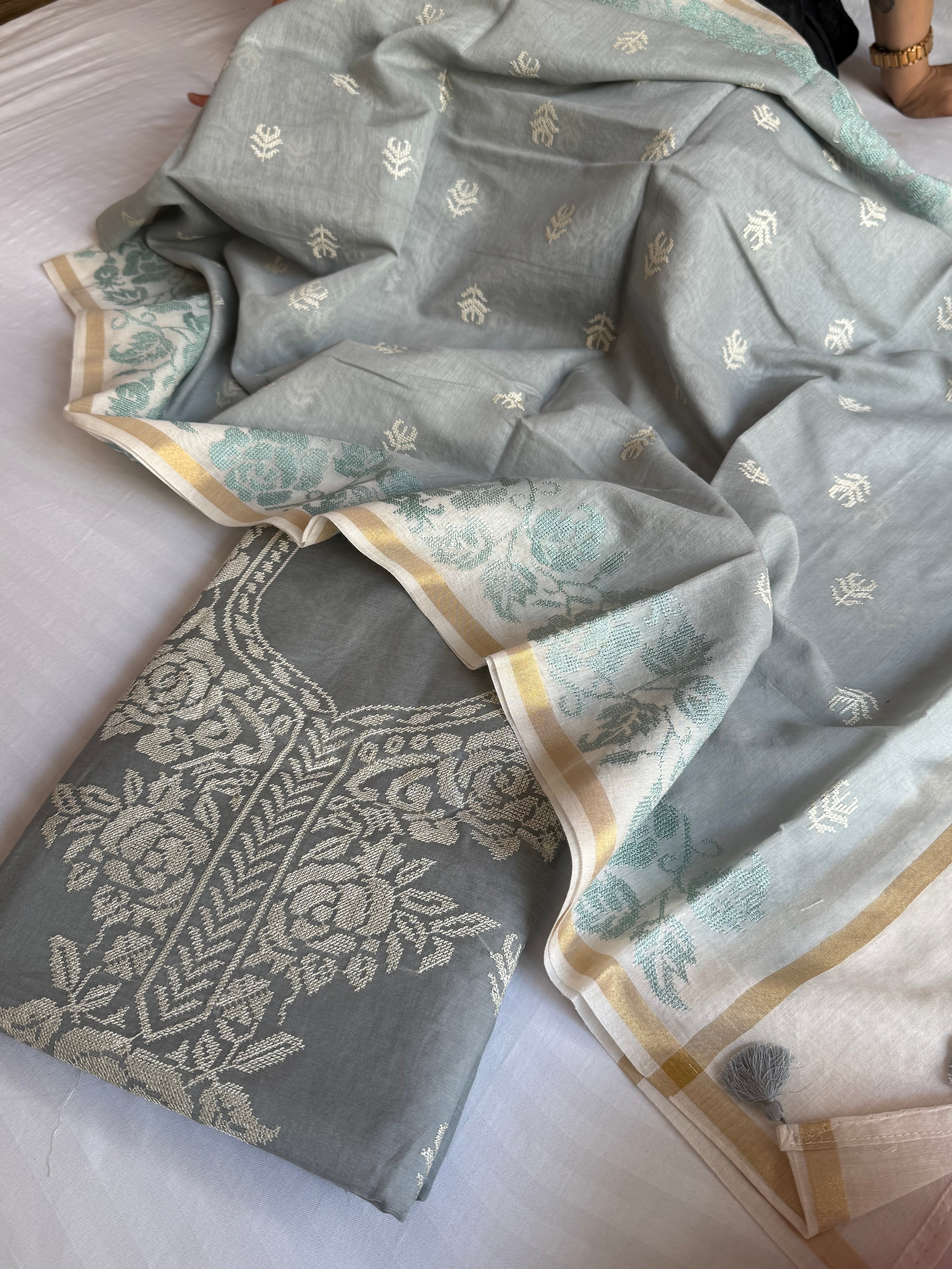 Steel grey mul cotton cross-stitch hand embroidered kadhwa suit set