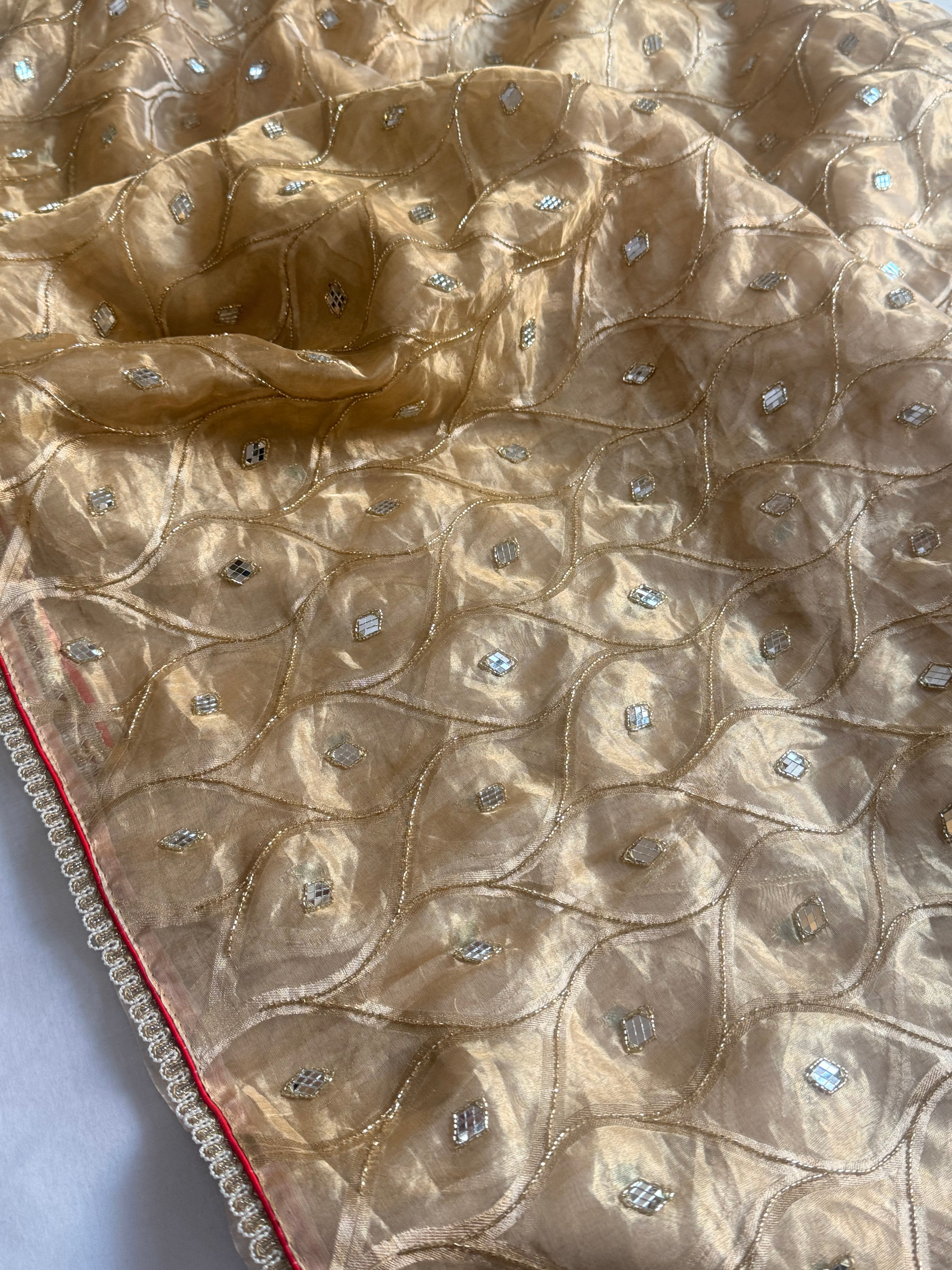 Butter gold tissue silk mirror work hand embroidered kadhwa saree