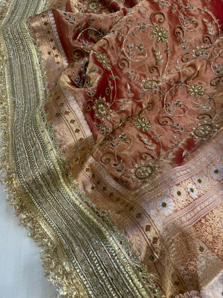 Cocktail edit sarees - Tangerine red tissue silk heavy hand embroidered saree