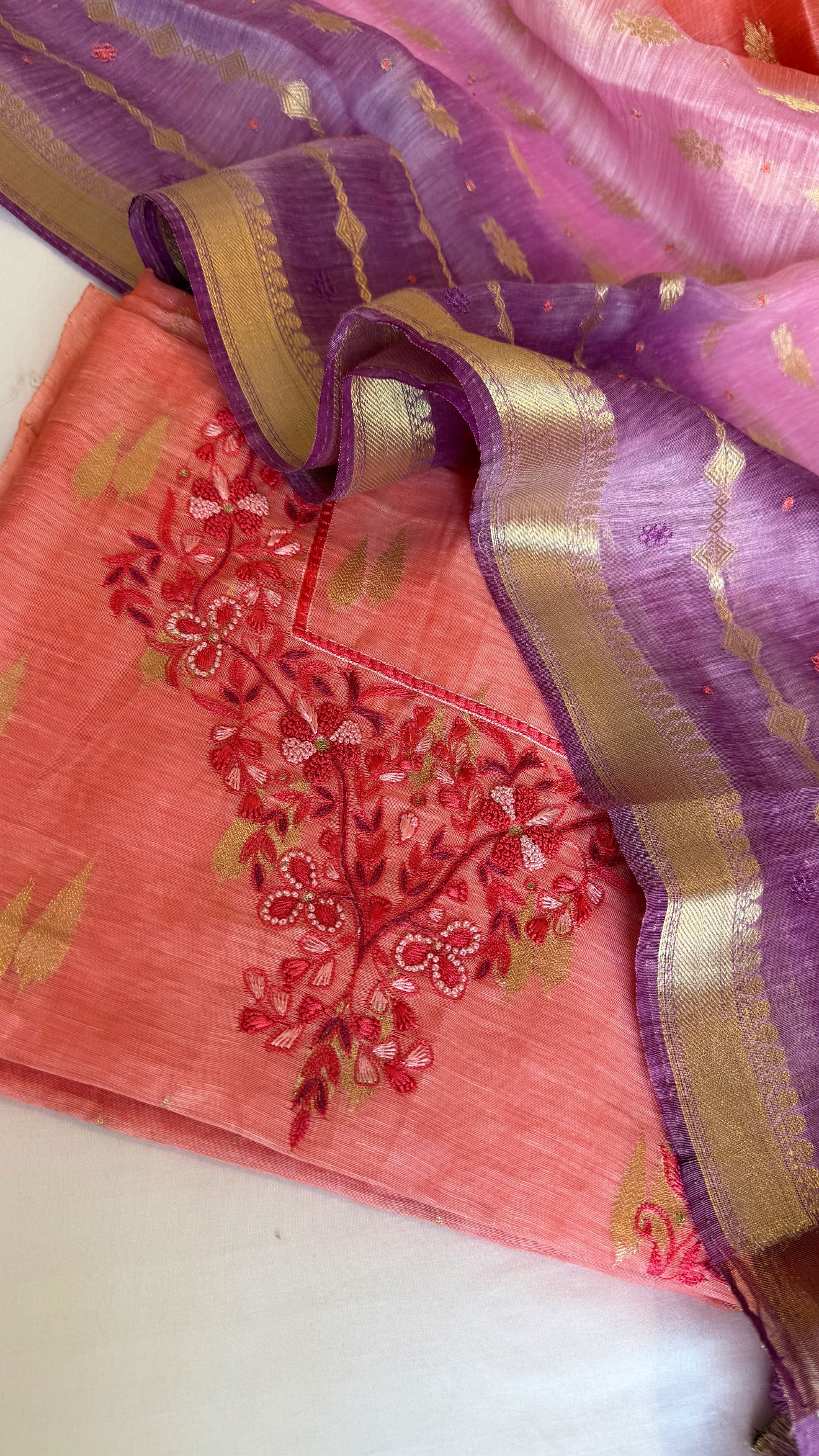 Peachish ombre shade linen gorgette resham hand embroidered suit set