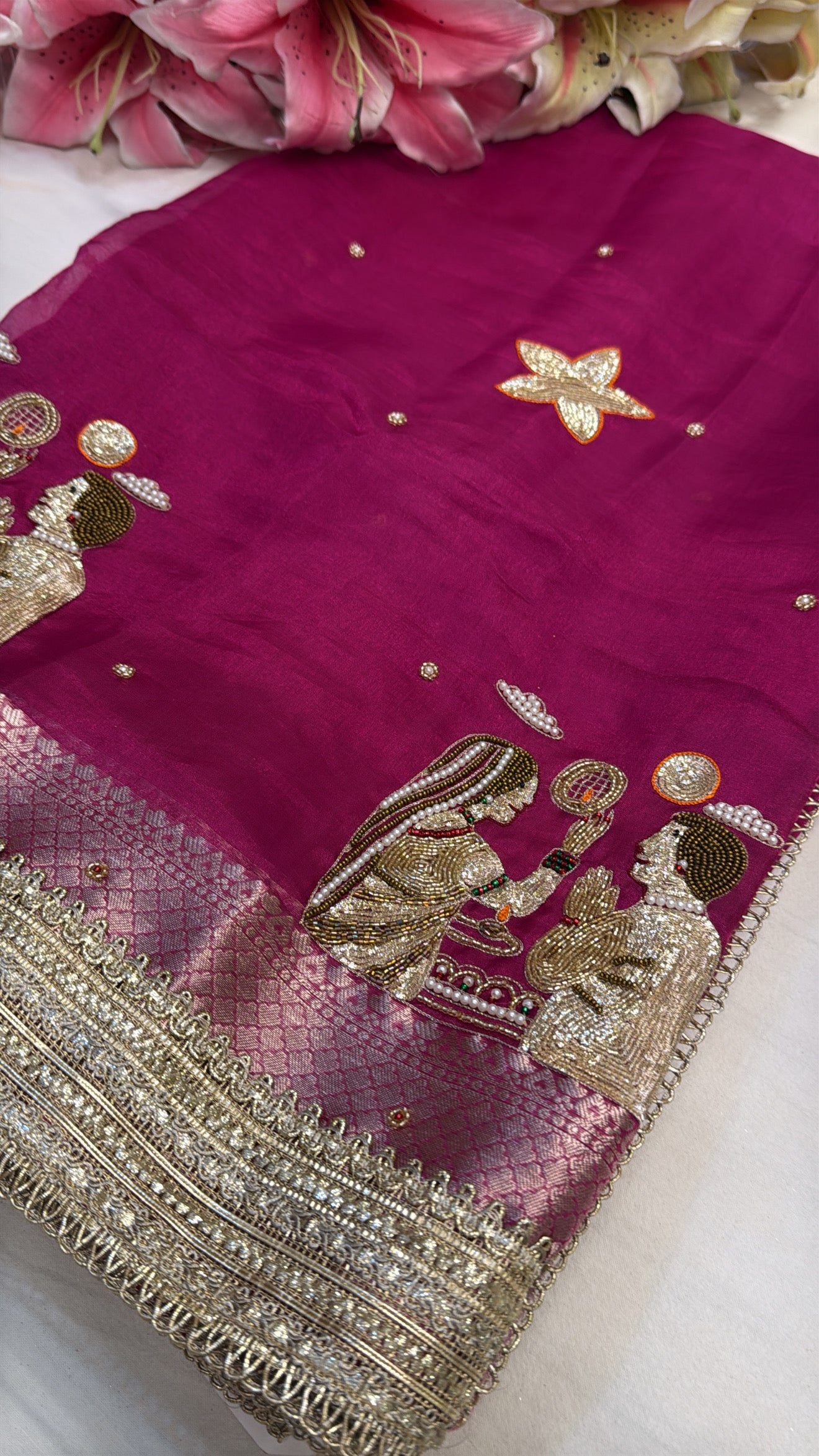Hot pink husn tissue silk hand embroidered kadhwa saree