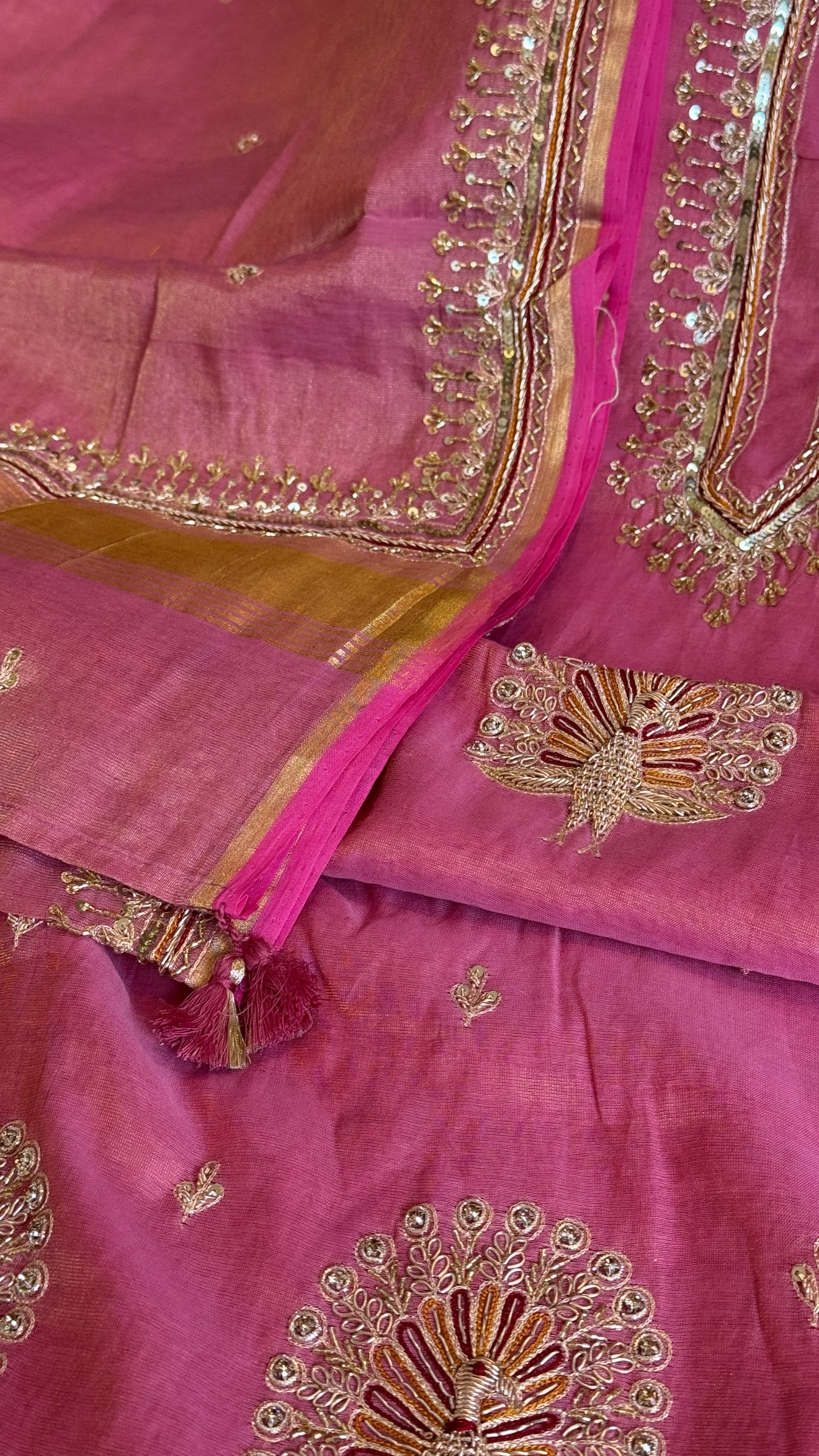 Candy pink mul cotton tissue silk hand embroidered kadhwa suit set