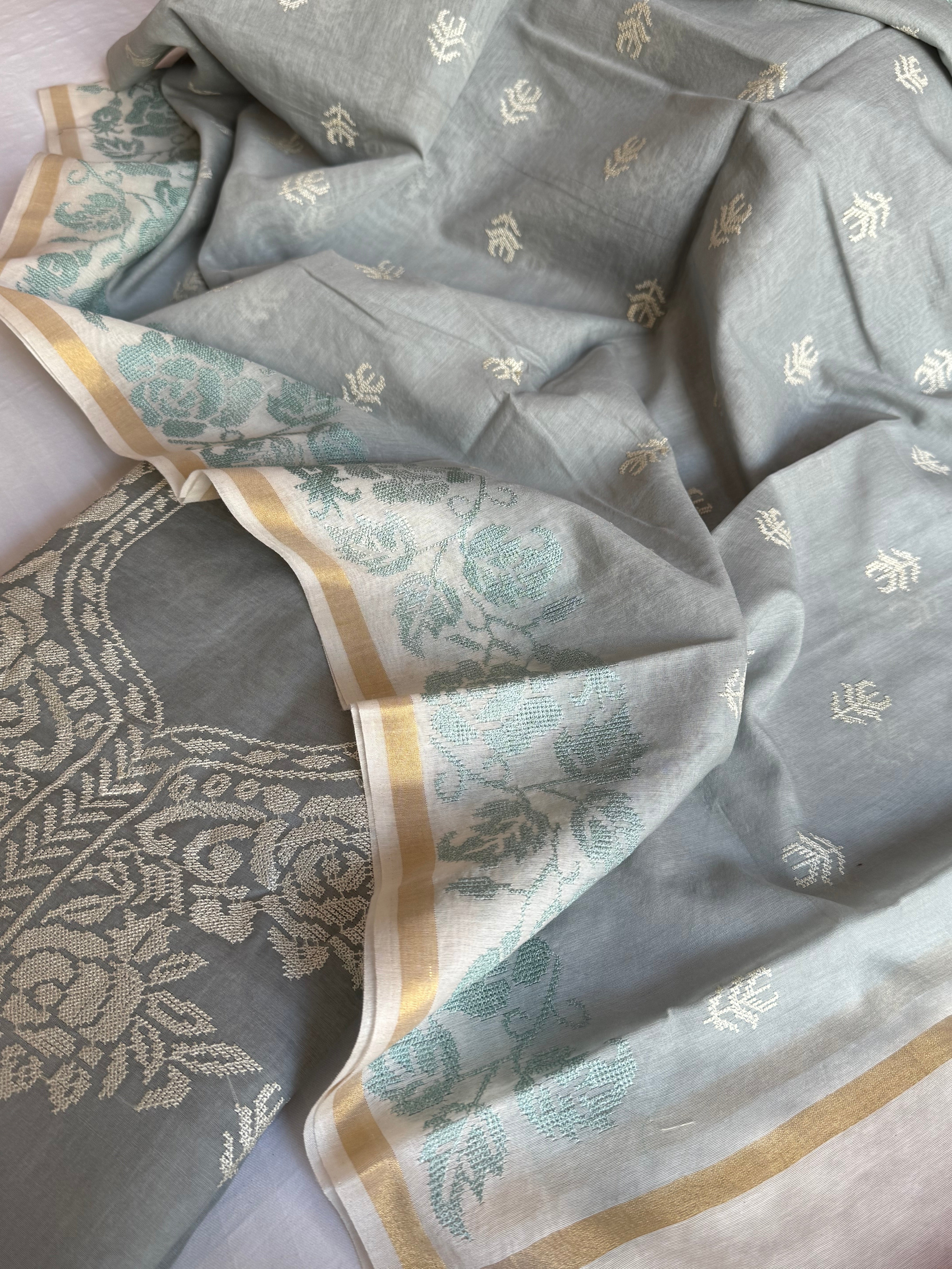 Steel grey mul cotton cross-stitch hand embroidered kadhwa suit set