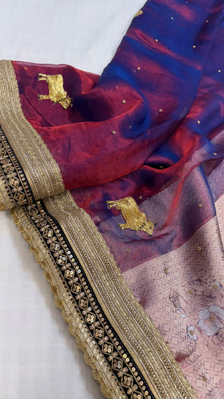 Baarat wali saree - Midnight red dhup chao effect nandi motif husn tissue silk hand embroidered saree