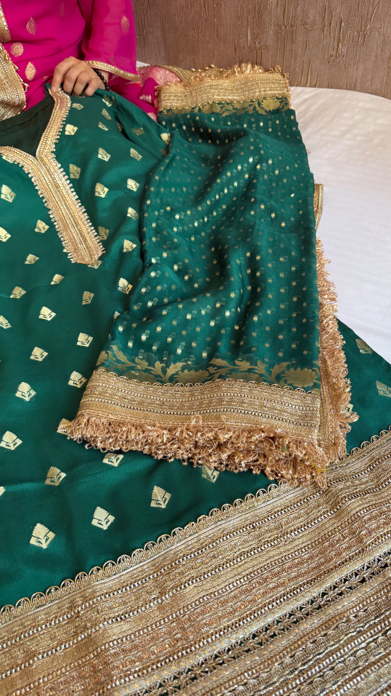 Pakistani drama inspired bottle green semi-stitched banarasi gorgette kadhwa gotapatti suit set