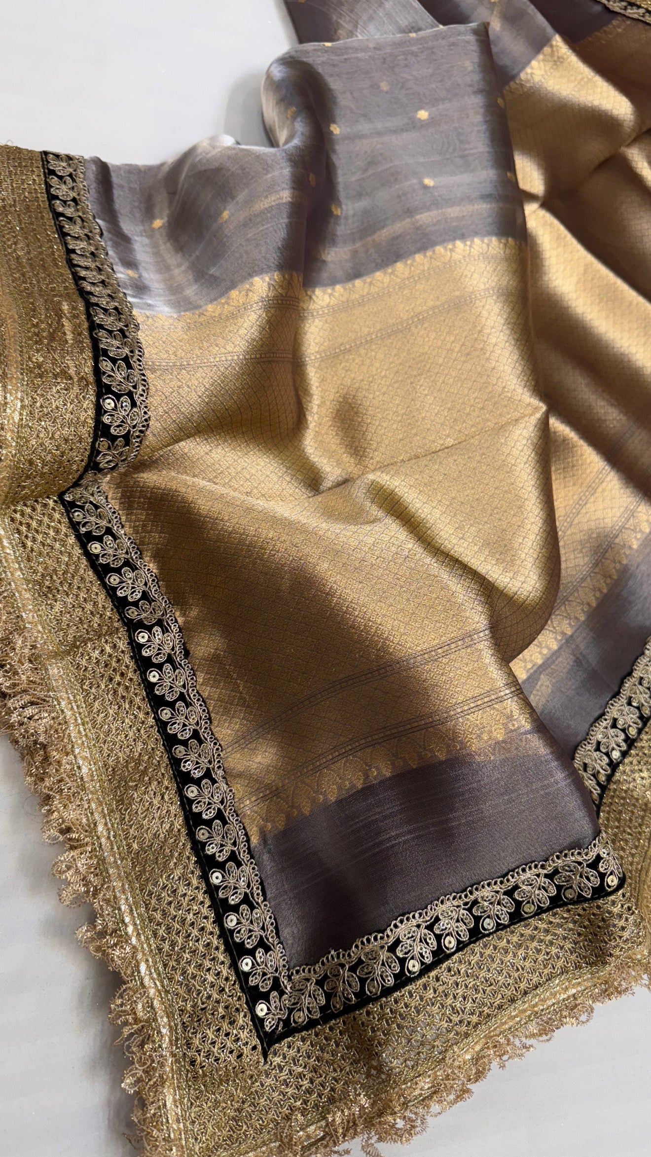 Maharani steel grey tissue silk kadhwa buti saree