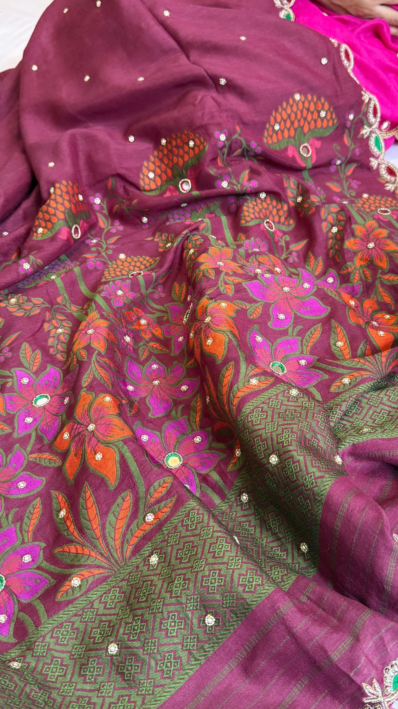 Moonga silk onion pink meenakari hand embroidered saree