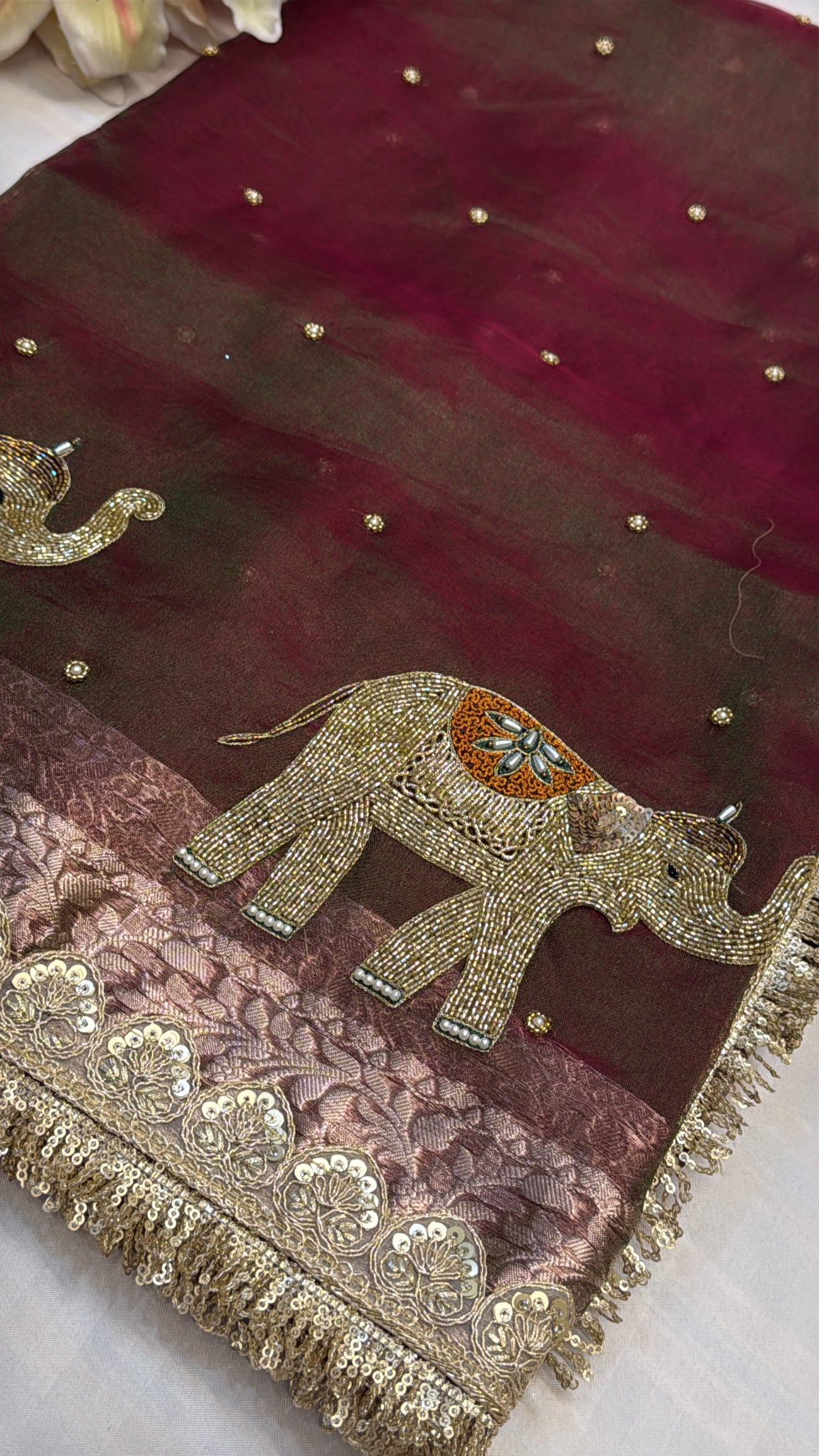 Mehendi green dhup chao effect tissue silk hand embroidered elephant motif saree