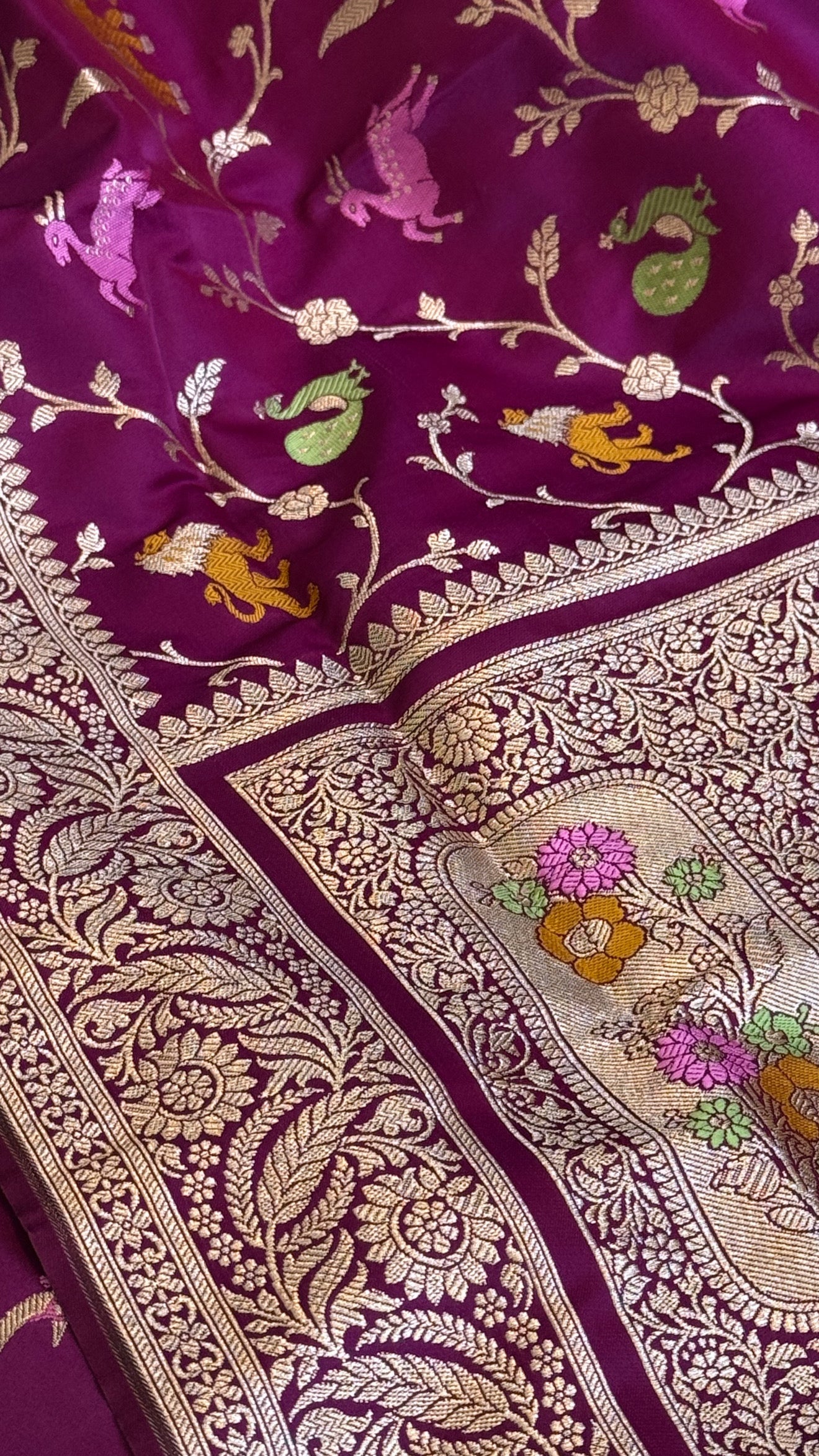 Deep purple mashru satin silk shikargah motif Banarasi silk suit set