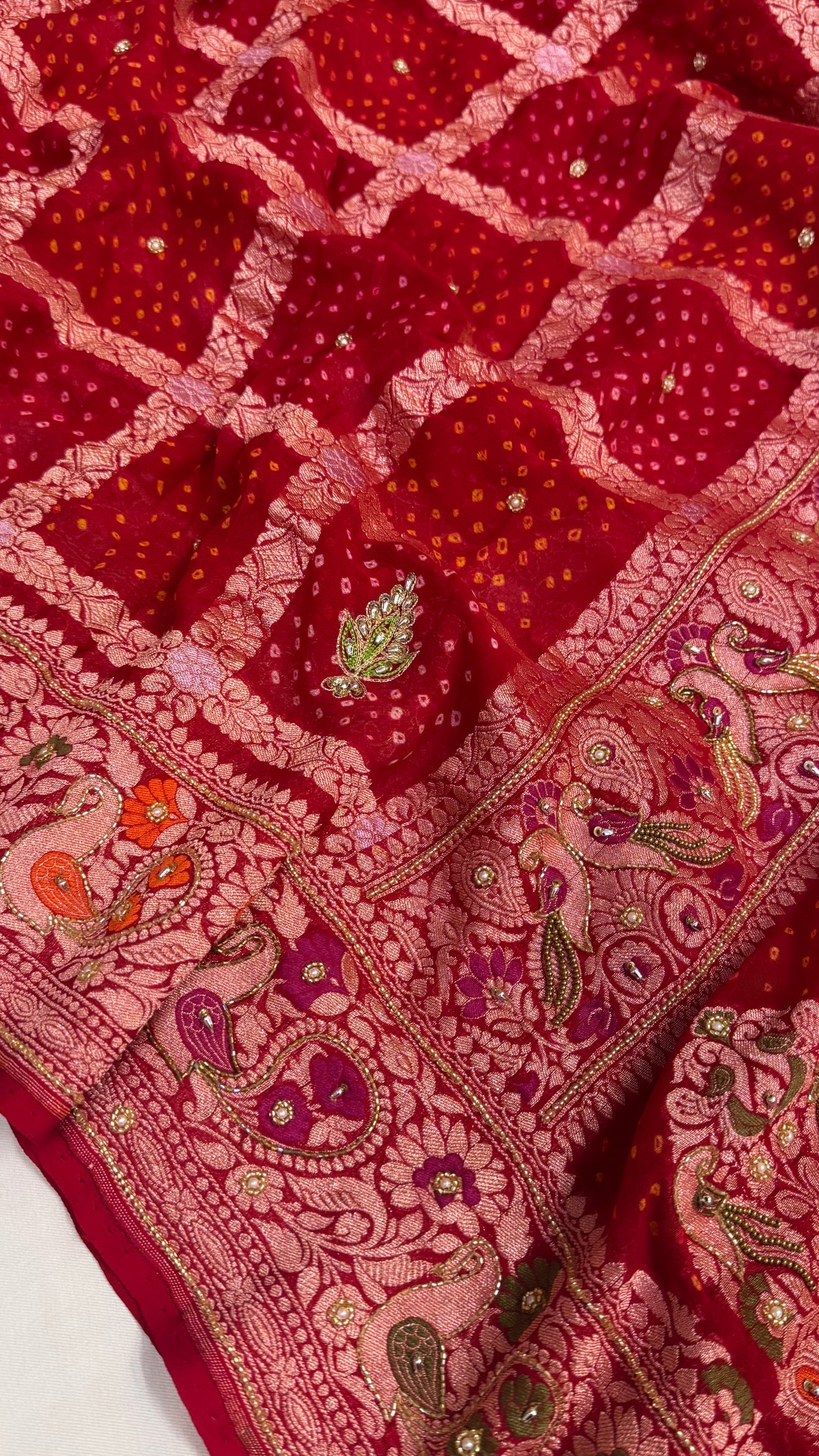 Red banarasi chiffon gorgette kadhwa hand embroidered gharchola weaving saree