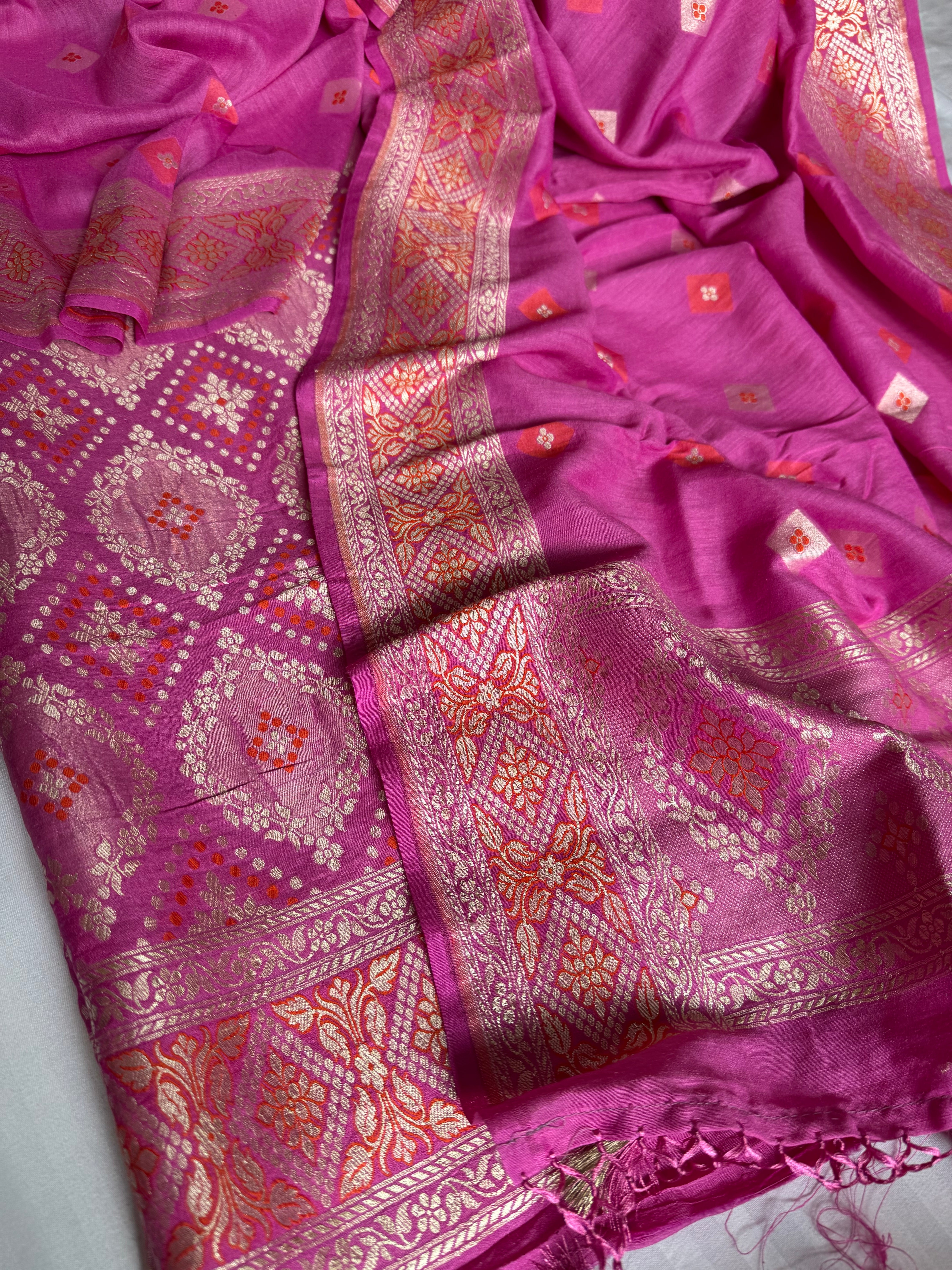 Strawberry pink moonga silk bandhej weaving kadhwa suit set