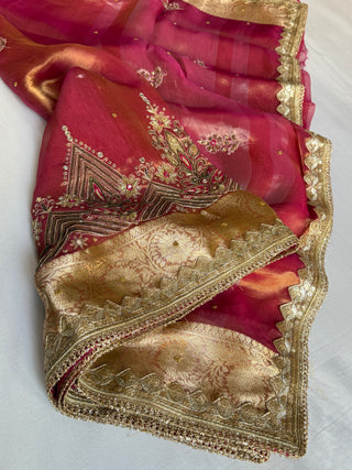 Mughal motif inspired- Hot rani pink dhup chao effect husn tissue silk hand embroidered saree
