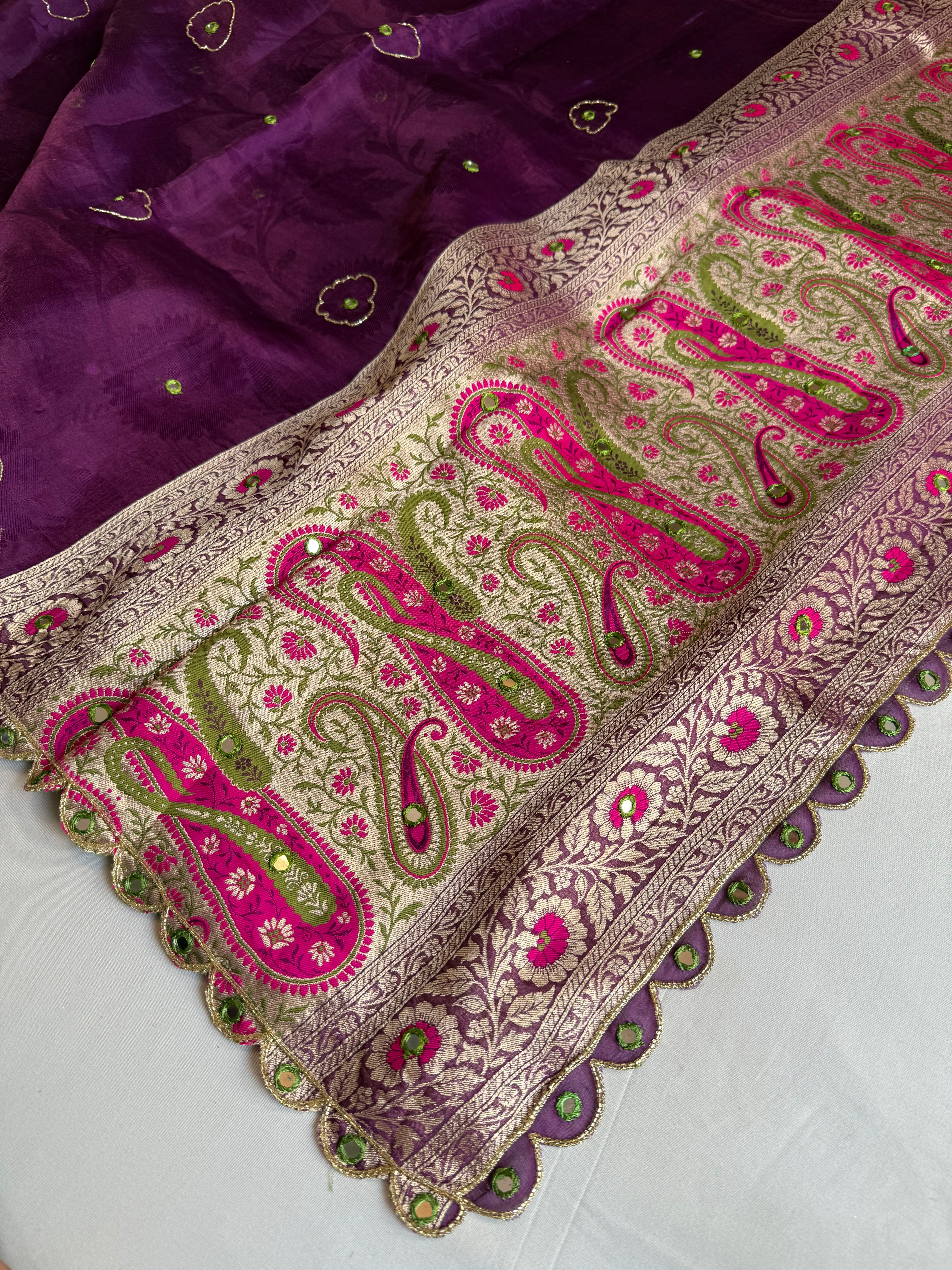 Brinjal purple tissue tanchoi meenakari jamevar pallu hand embroidered saree