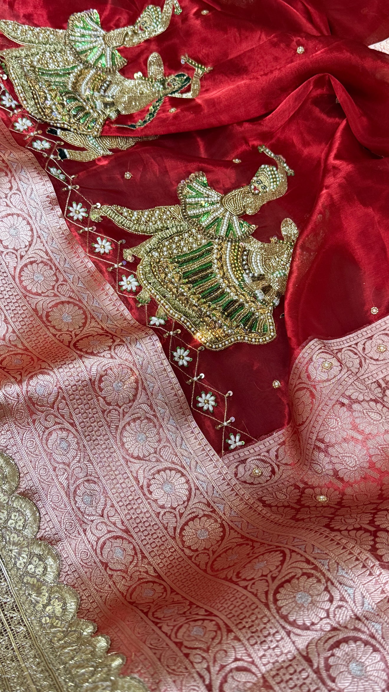 Dandiya wali laal saree - blood red garba theme hand embroidered kadhwa tissue silk saree