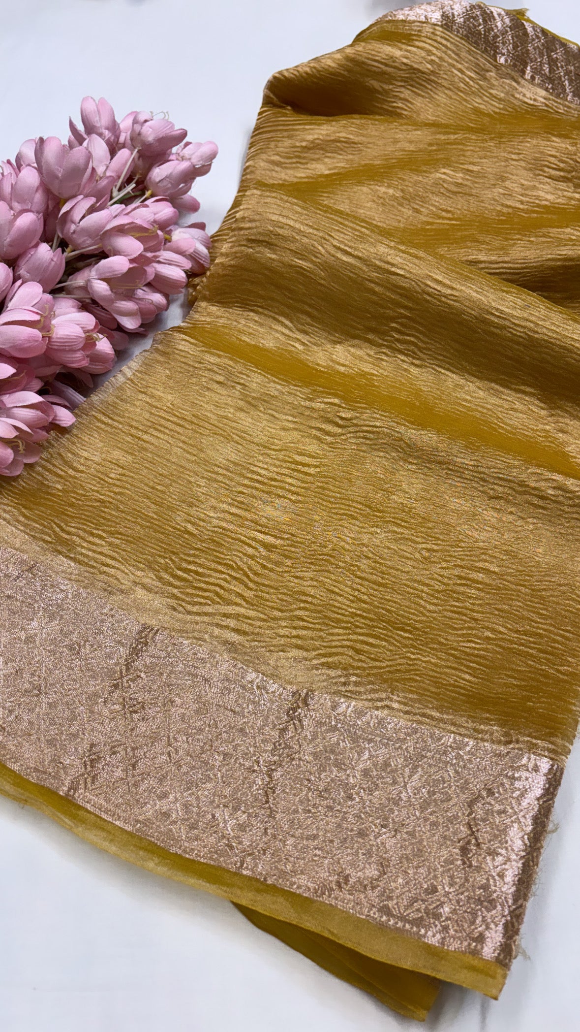 Pure banarasi mustard yellow crushed tissue silk handwoven kadhwa saree with intricate border and kadhwa blouse