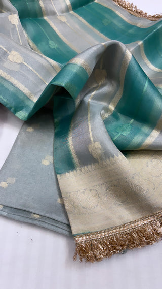 Pure banarasi torquoise green rangkaat duppata kadhwa handwoven tissue silk suit set with gotapatti work on duppata