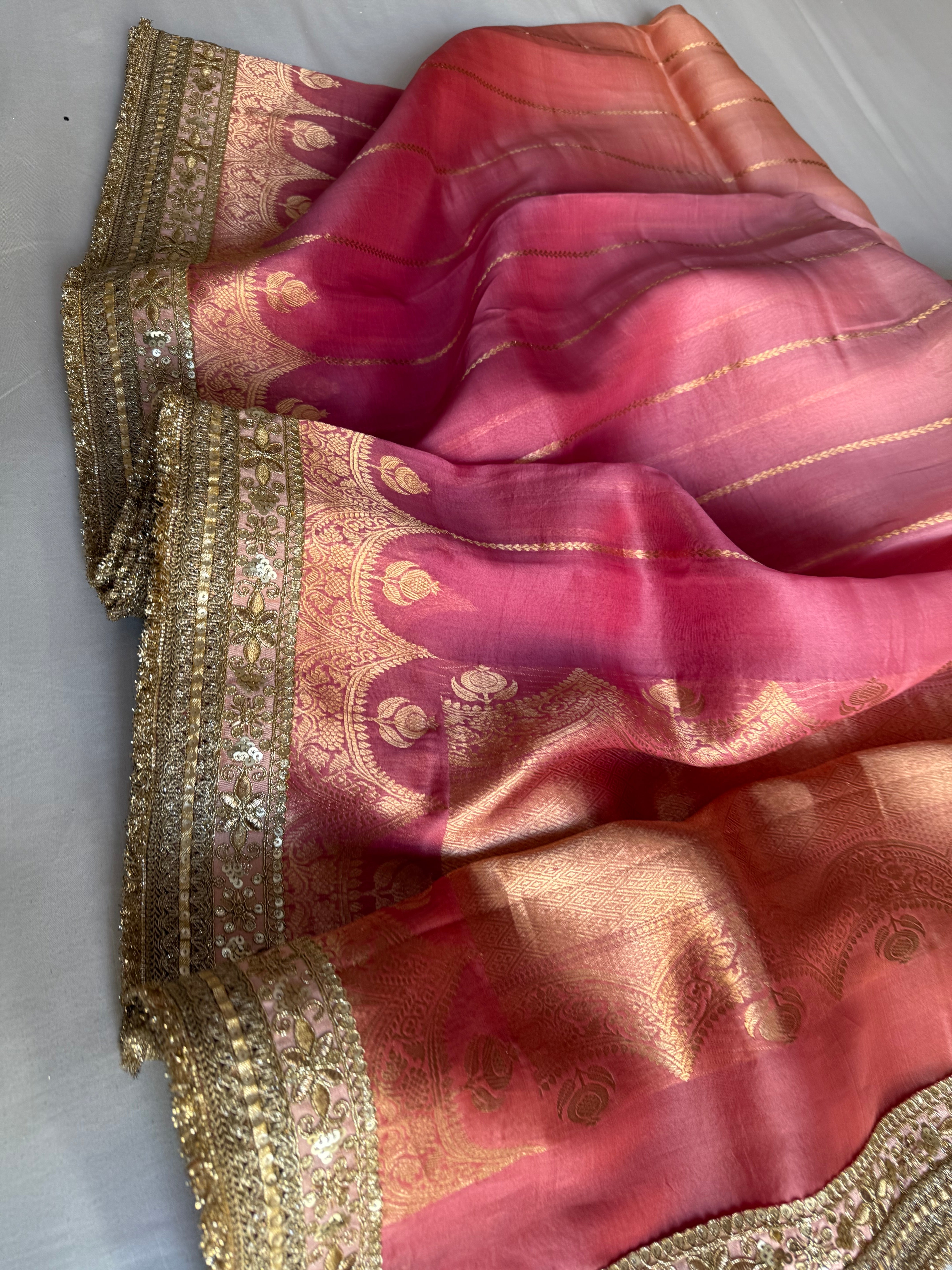 Rang-birangi banarasi kora silk multicoloured shaded kadhwa saree